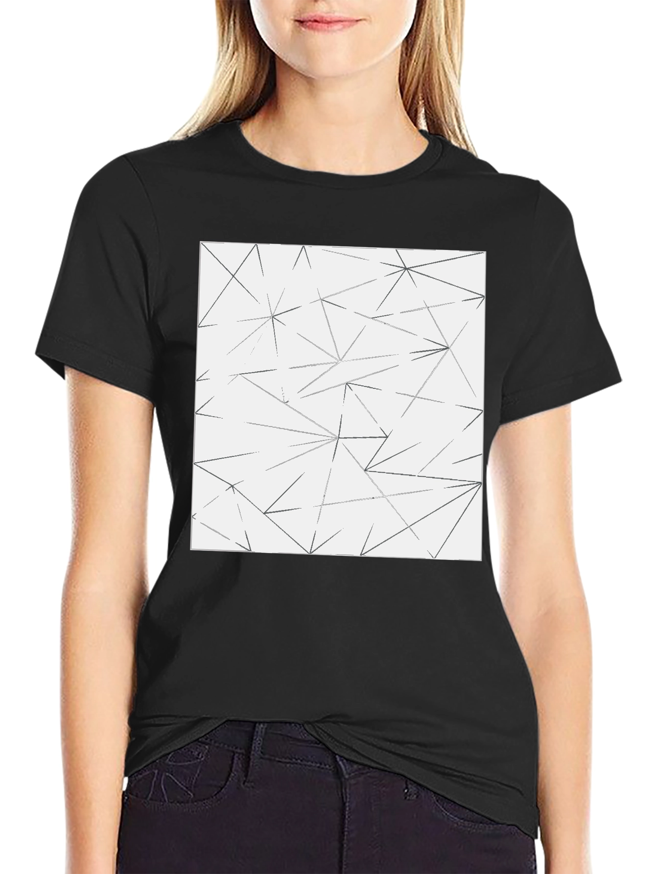Black Geometric Line Pattern Tee - Modern Black T-Shirt view 2