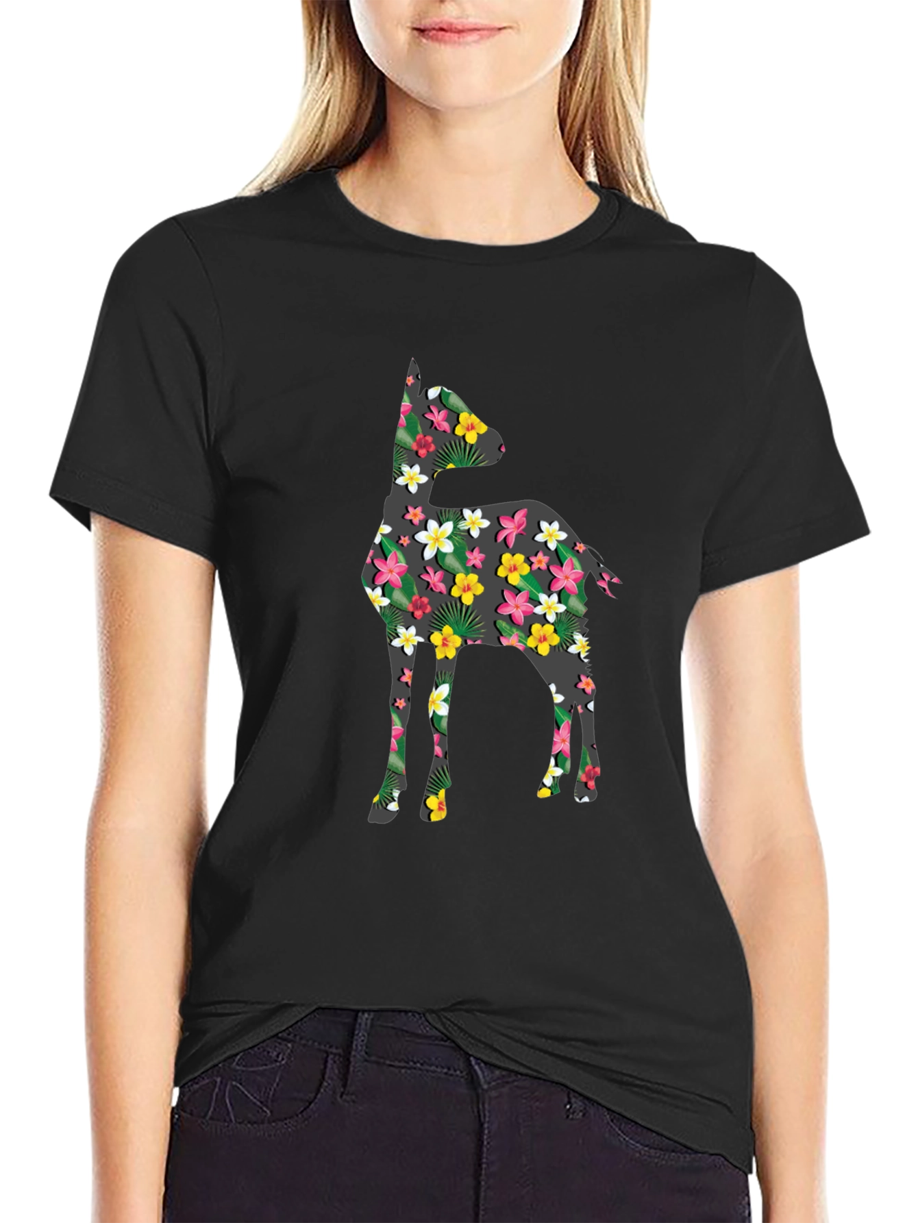 Black Floral Deer Print Black T-Shirt view 2
