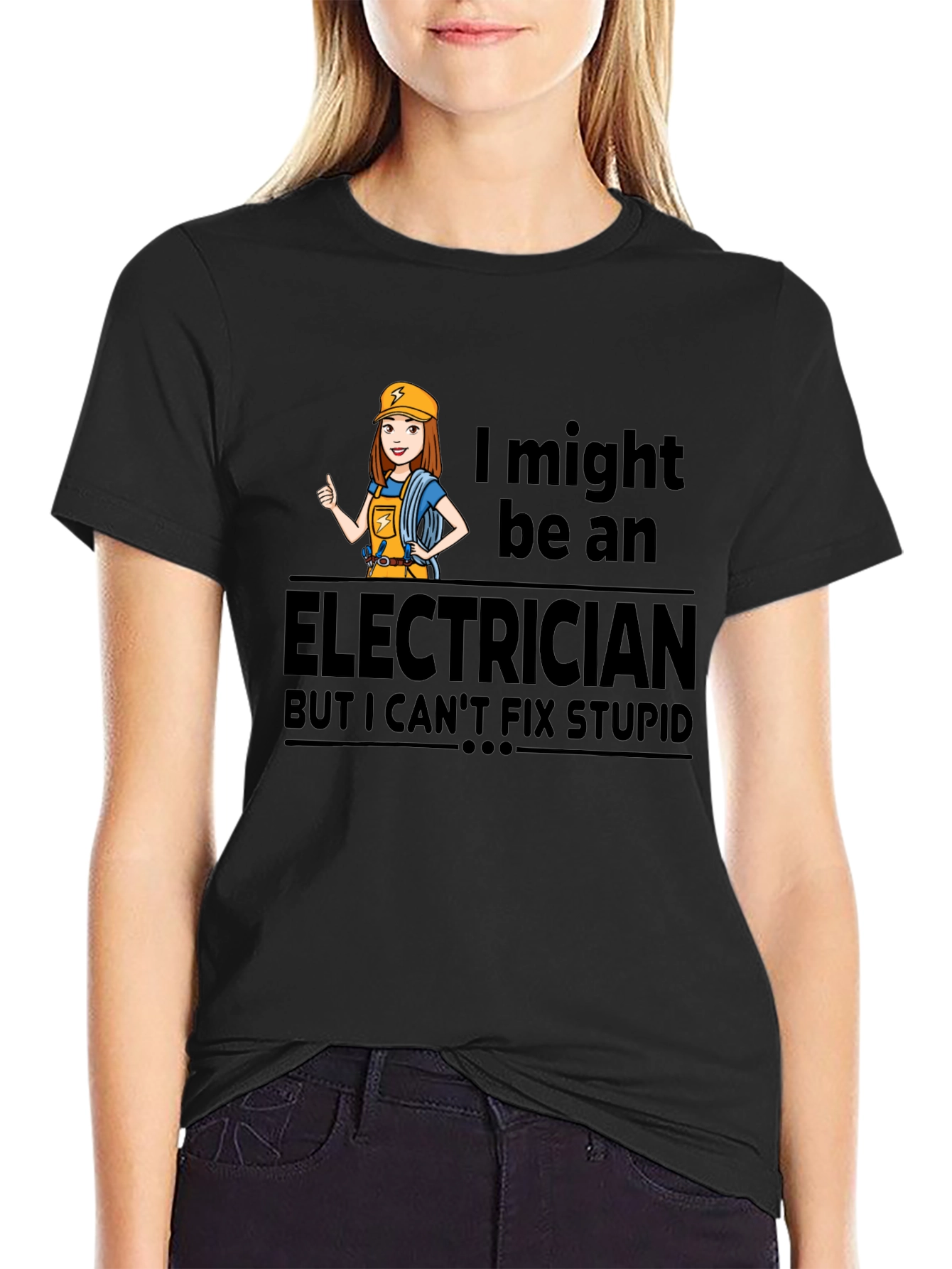 Black Electrician Humor T-Shirt - I Can't Fix Stupid view 2