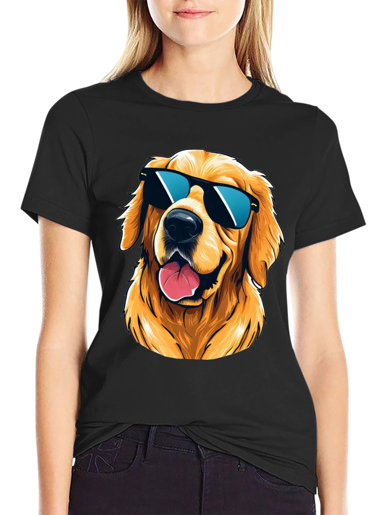 Black Cool Golden Retriever Sunglasses T-Shirt view 2