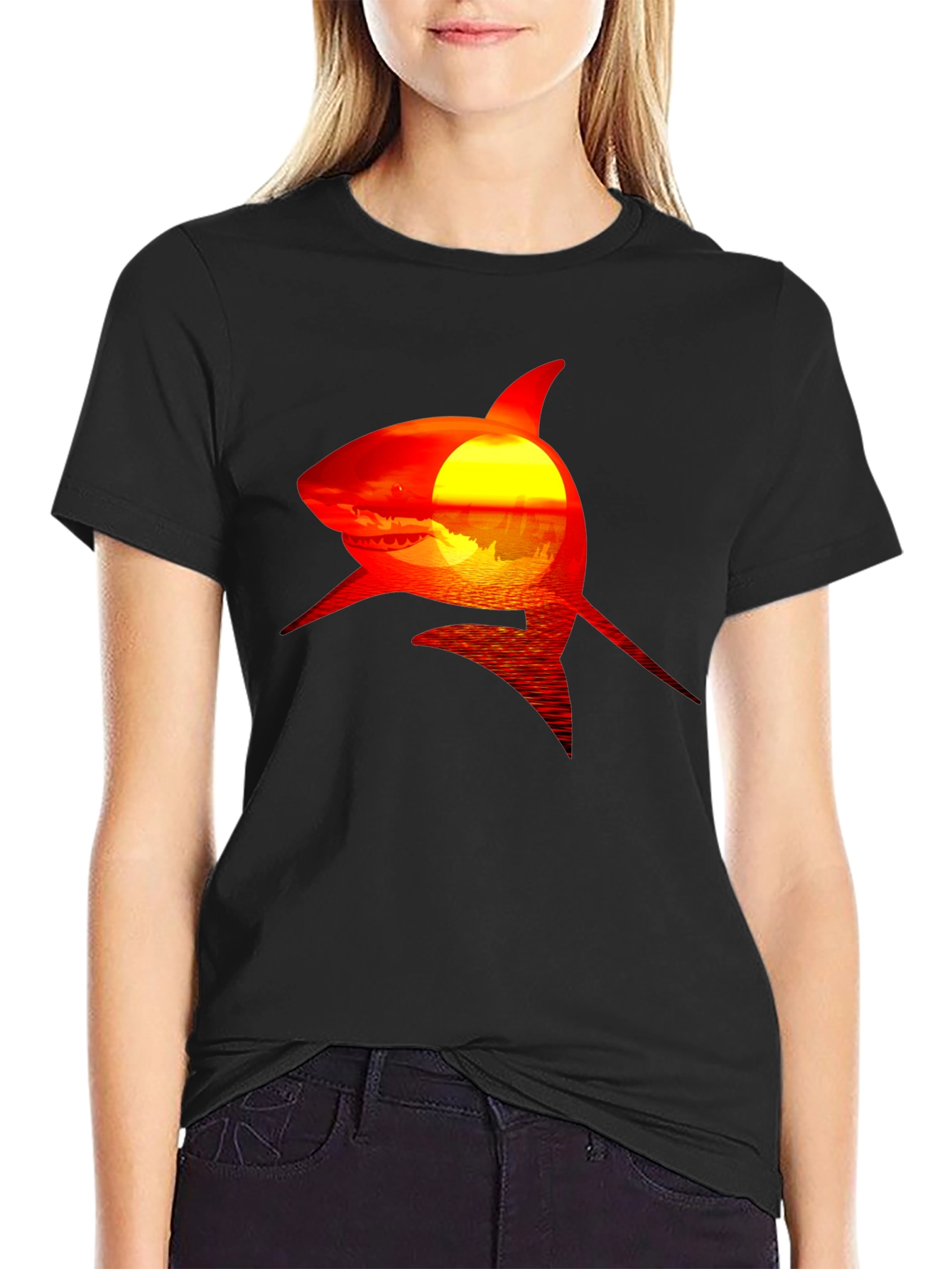 Black Shark Sunset Graphic Tee - Black Cotton T-Shirt view 2
