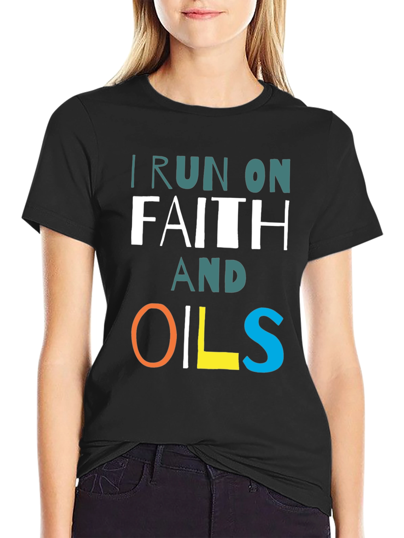 Black I Run on Faith and Oils T-Shirt view 2