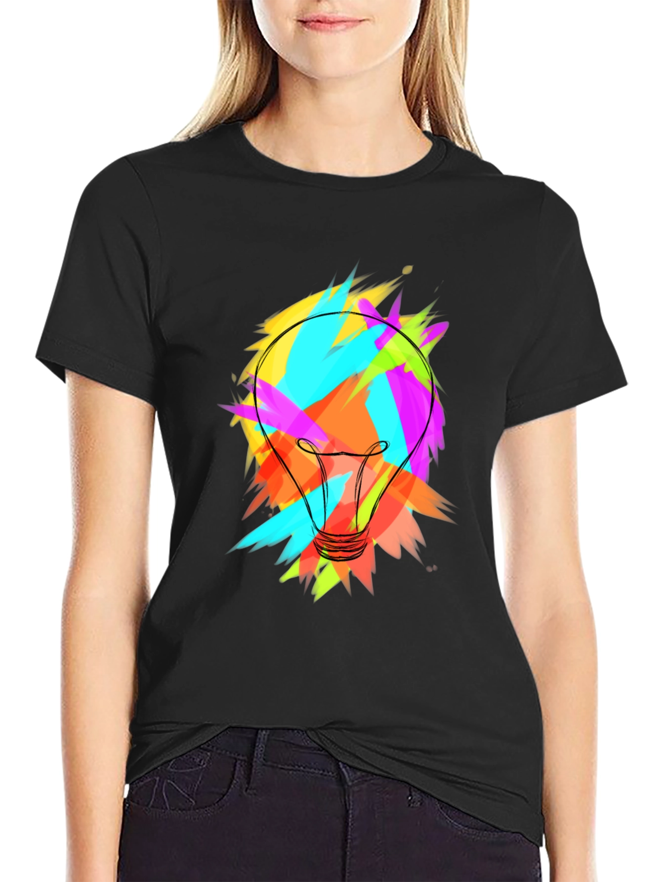 Black Colorful Lightbulb Graphic Tee - Soft Cotton Blend view 2