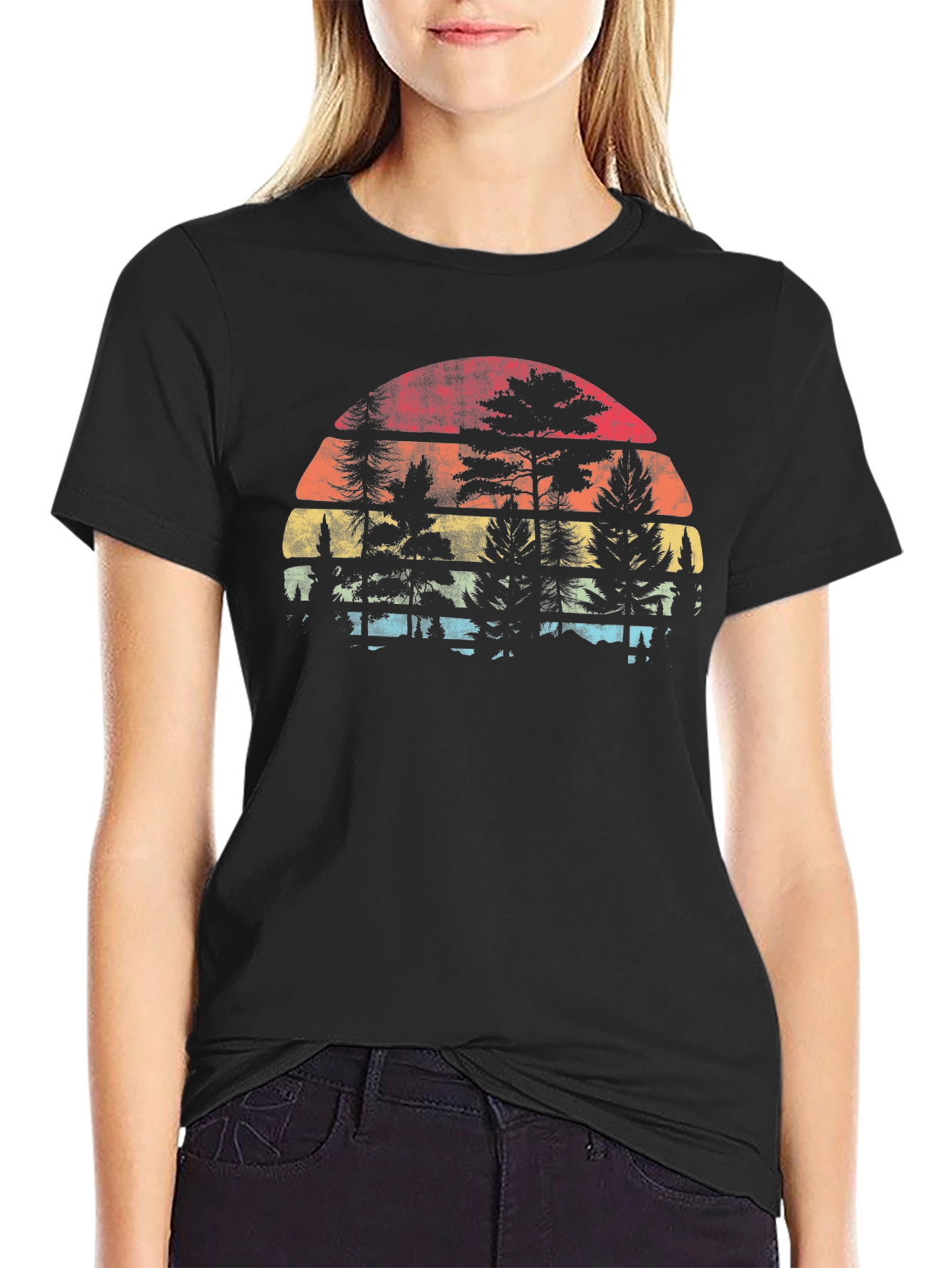 Black Retro Sunset Tree Silhouette T-Shirt view 2