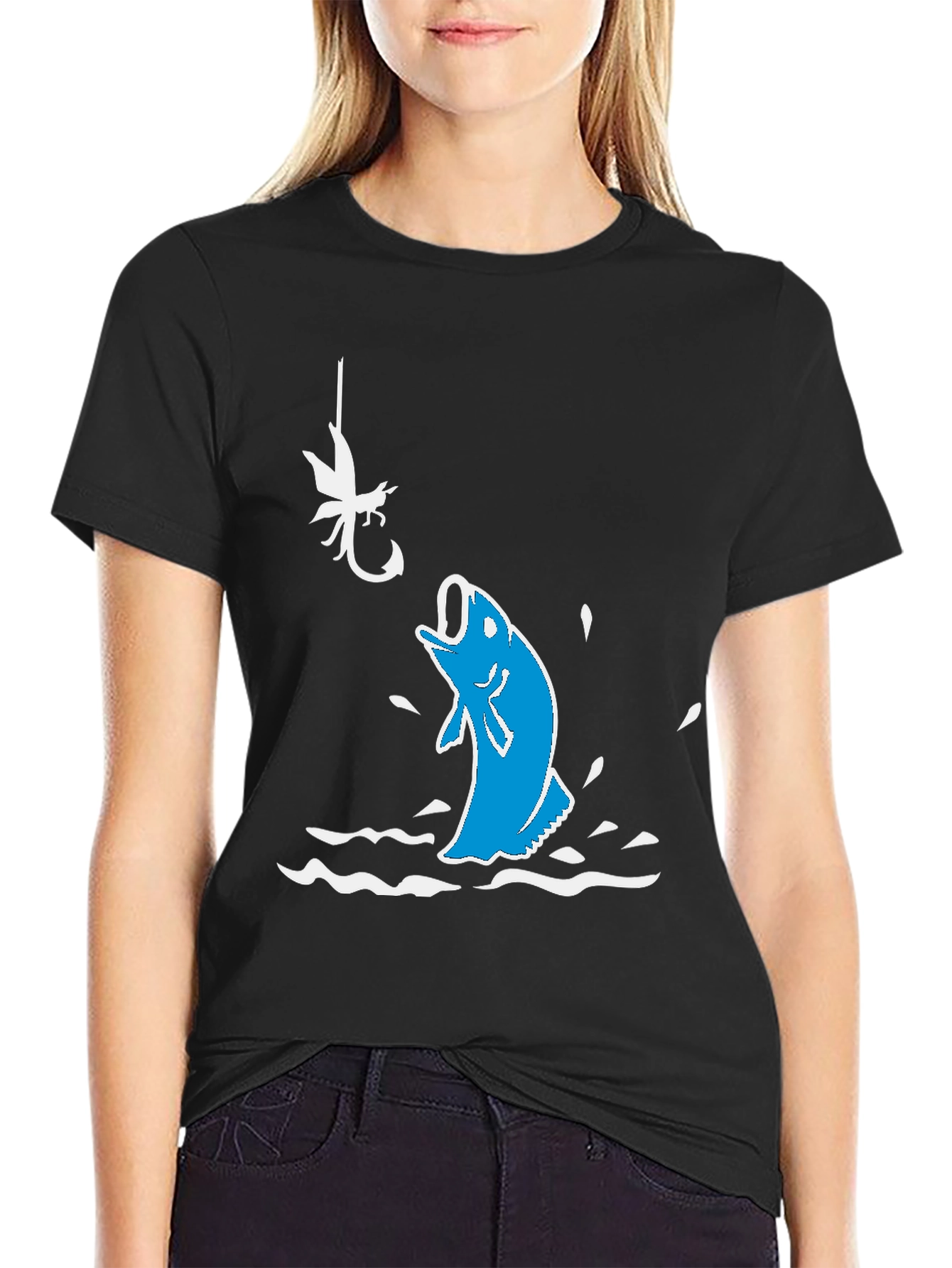 Black Fishing Hook T-Shirt: Jumping Bass Design view 2