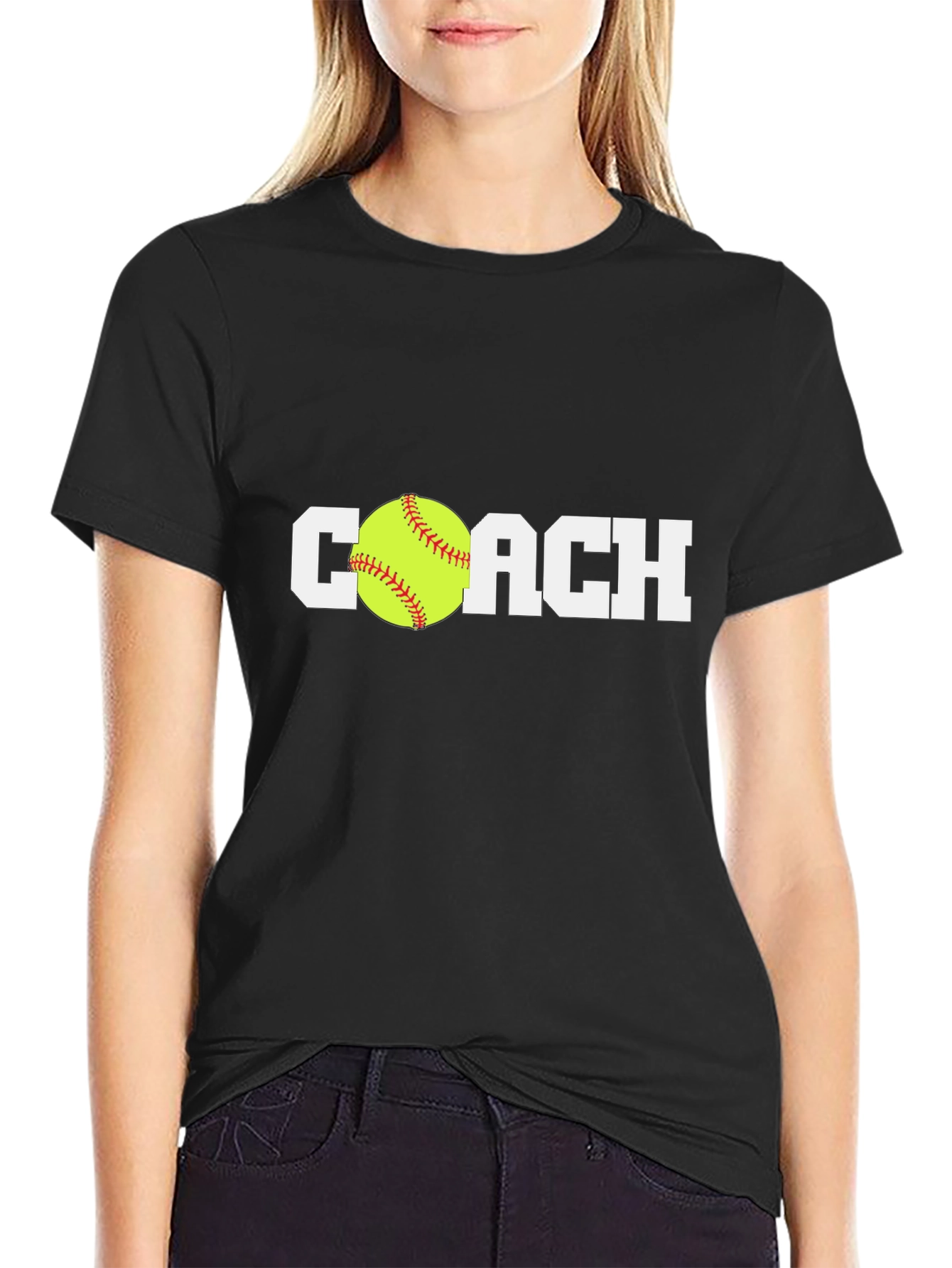 Black Softball Coach T-Shirt - Black Cotton Tee view 2