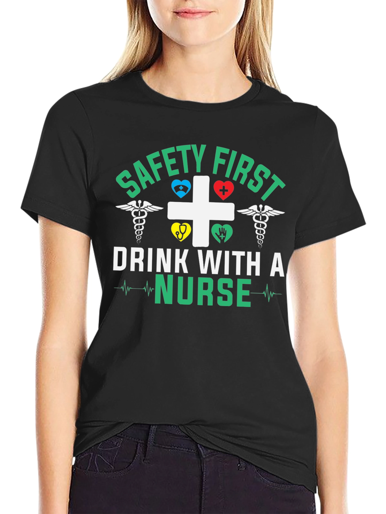 Black Safety First Drink With a Nurse T-Shirt view 2