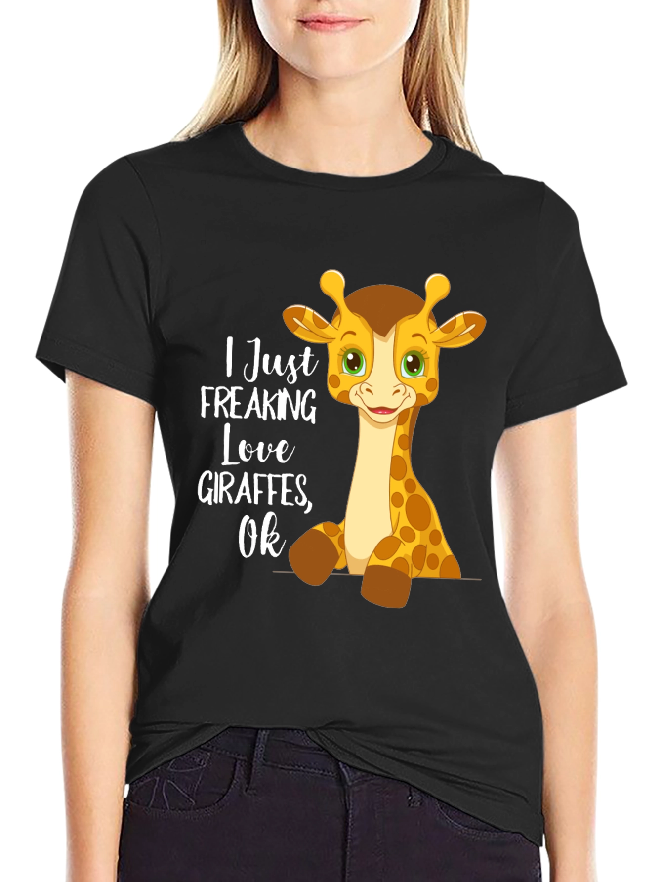 Black Giraffe Lover Graphic Tee - I Freaking Love Giraffes OK view 2