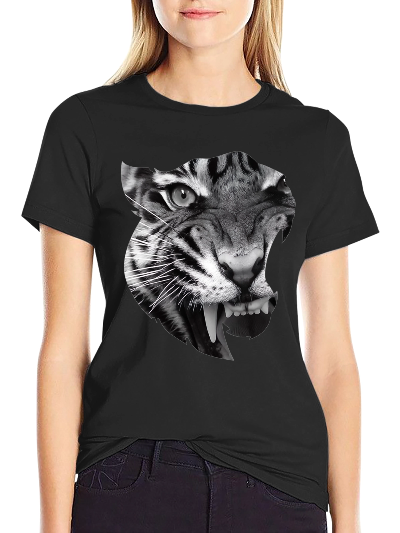 Black Men's Black T-Shirt with Tiger Graphic view 2