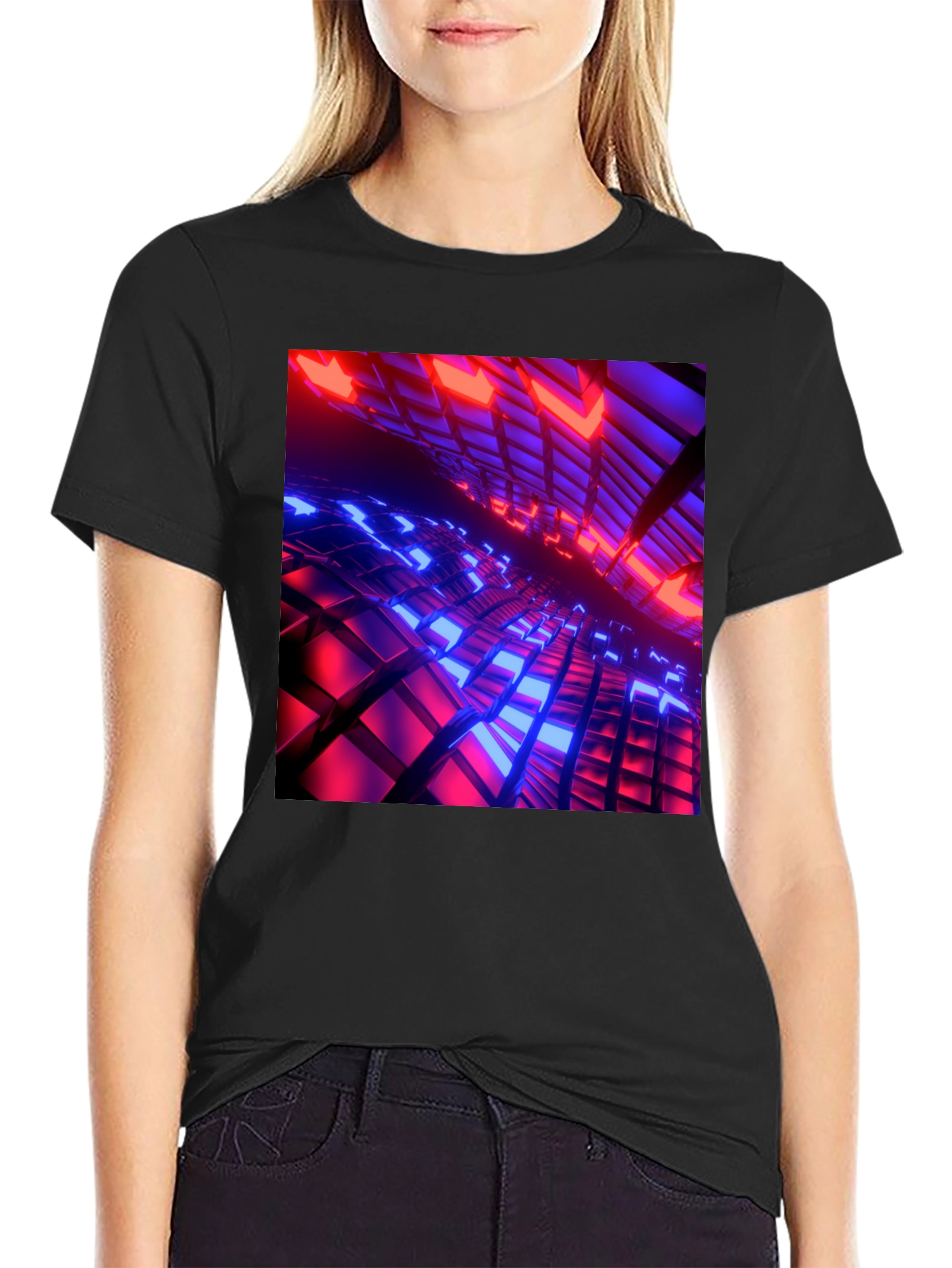 Black Cyber Grid T-Shirt: Red & Blue 3D Block Design view 2