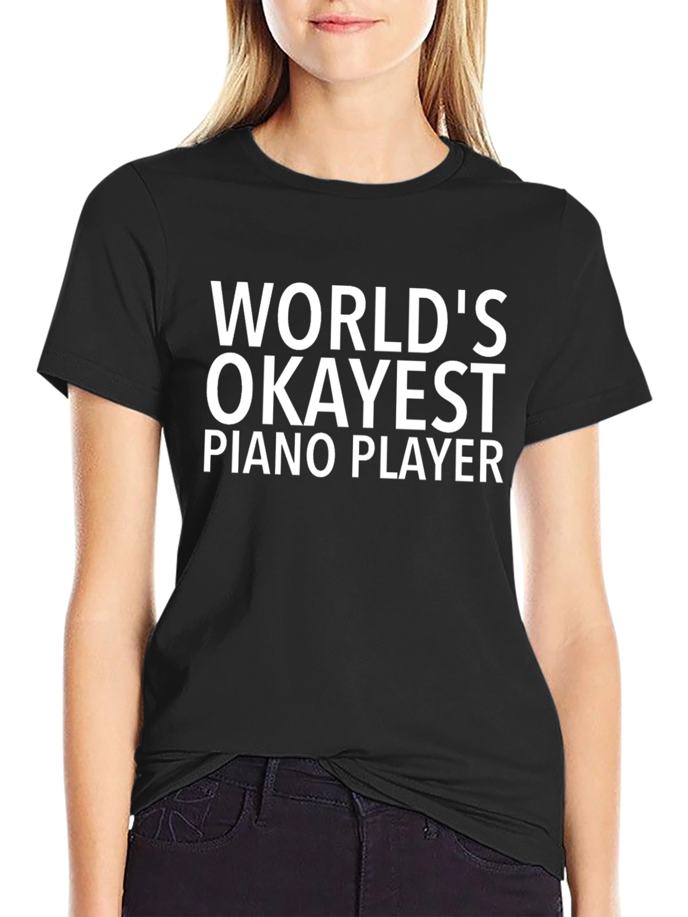 Black World's Okayest Piano Player - Novelty T-Shirt view 2