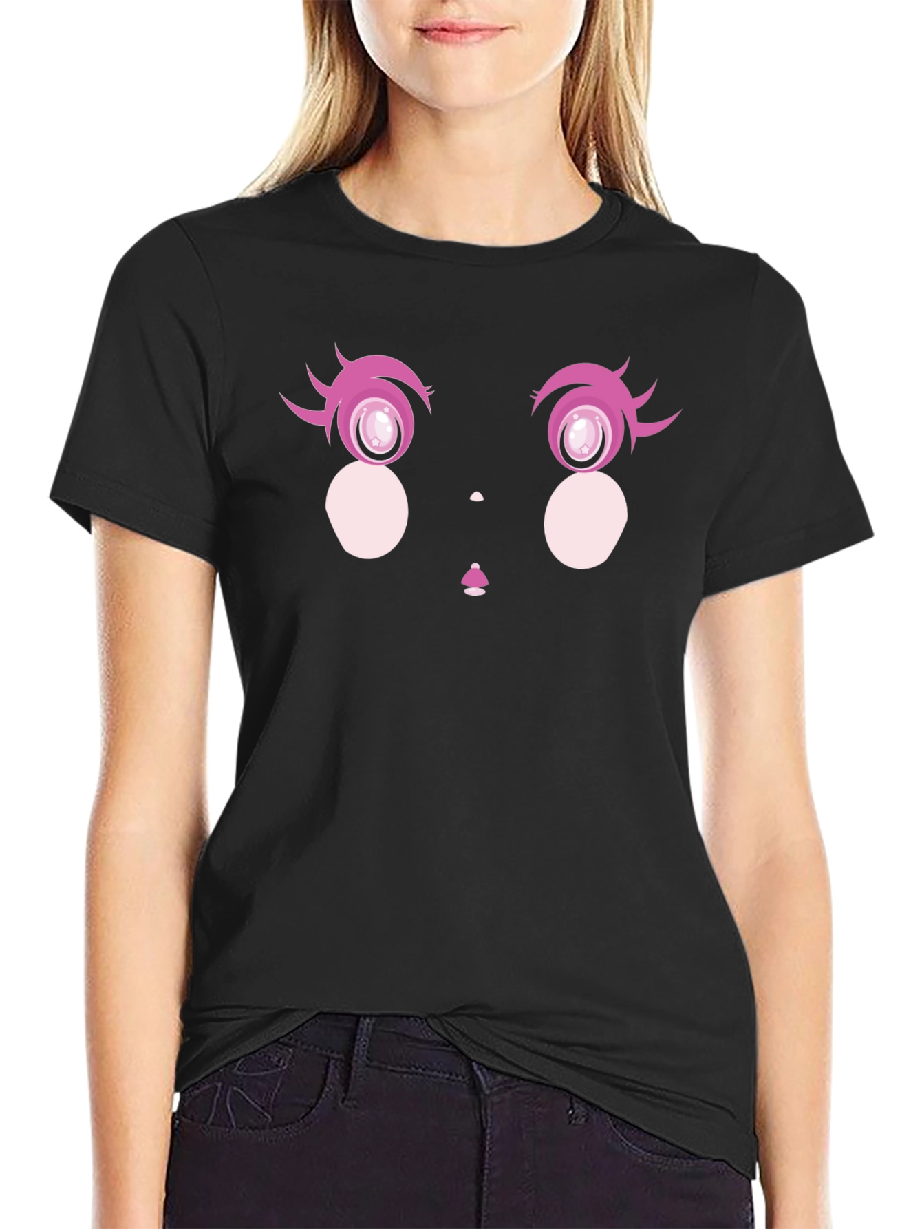 Black Anime Eyes Graphic Tee - Black Cotton Casual Shirt view 2