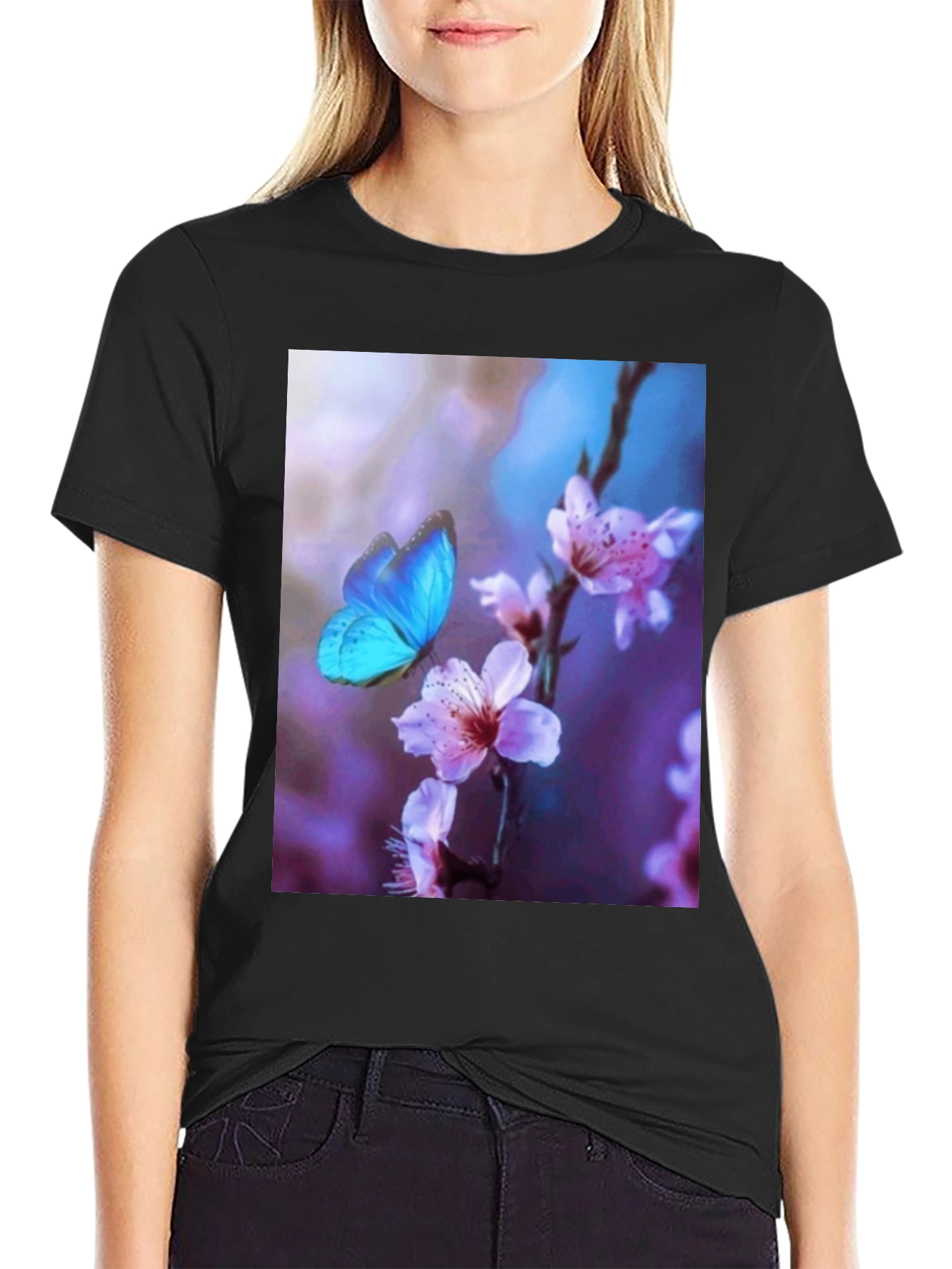 Black Butterfly Floral Print Black T-Shirt view 2