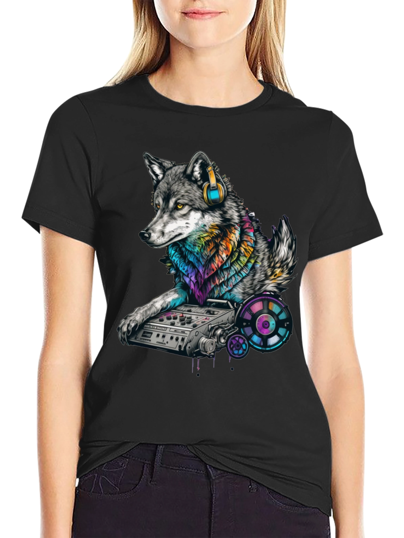Black DJ Wolf Graphic T-Shirt - Cool Music Lover Tee view 2