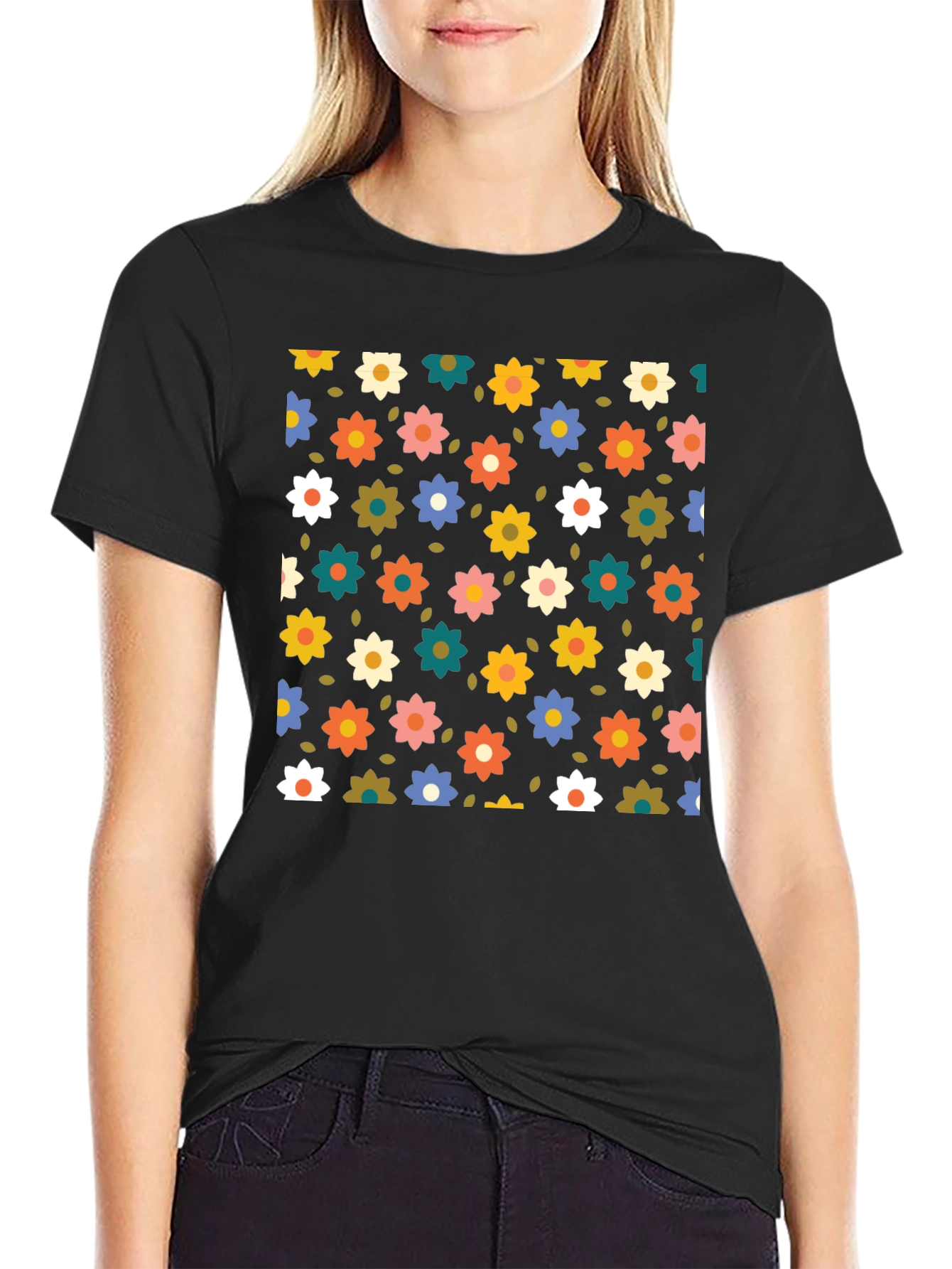 Black Floral Pattern Black T-Shirt view 2