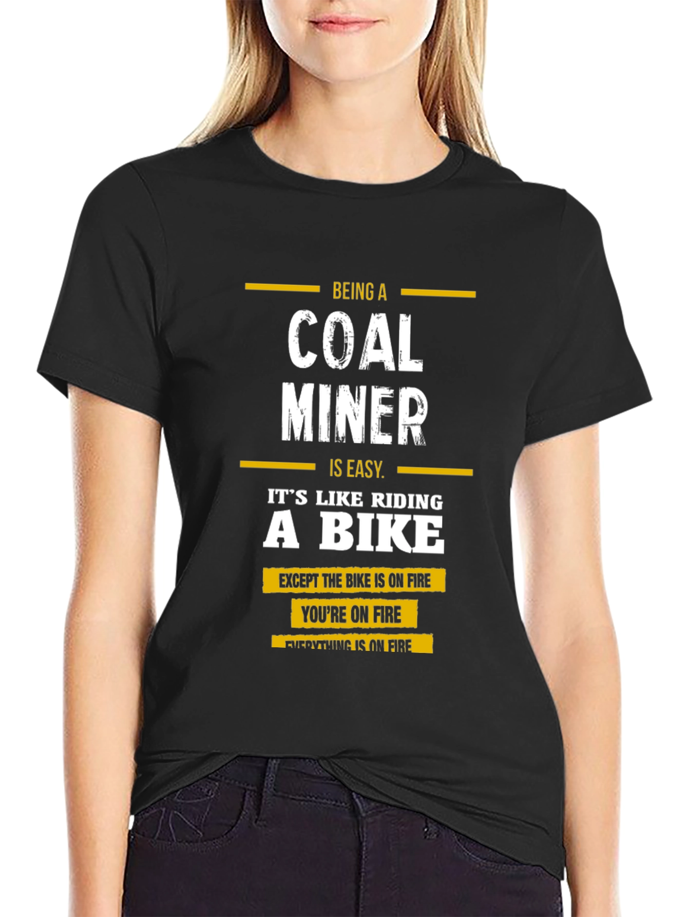 Black Coal Miner T-Shirt - Riding a Bike on Fire view 2