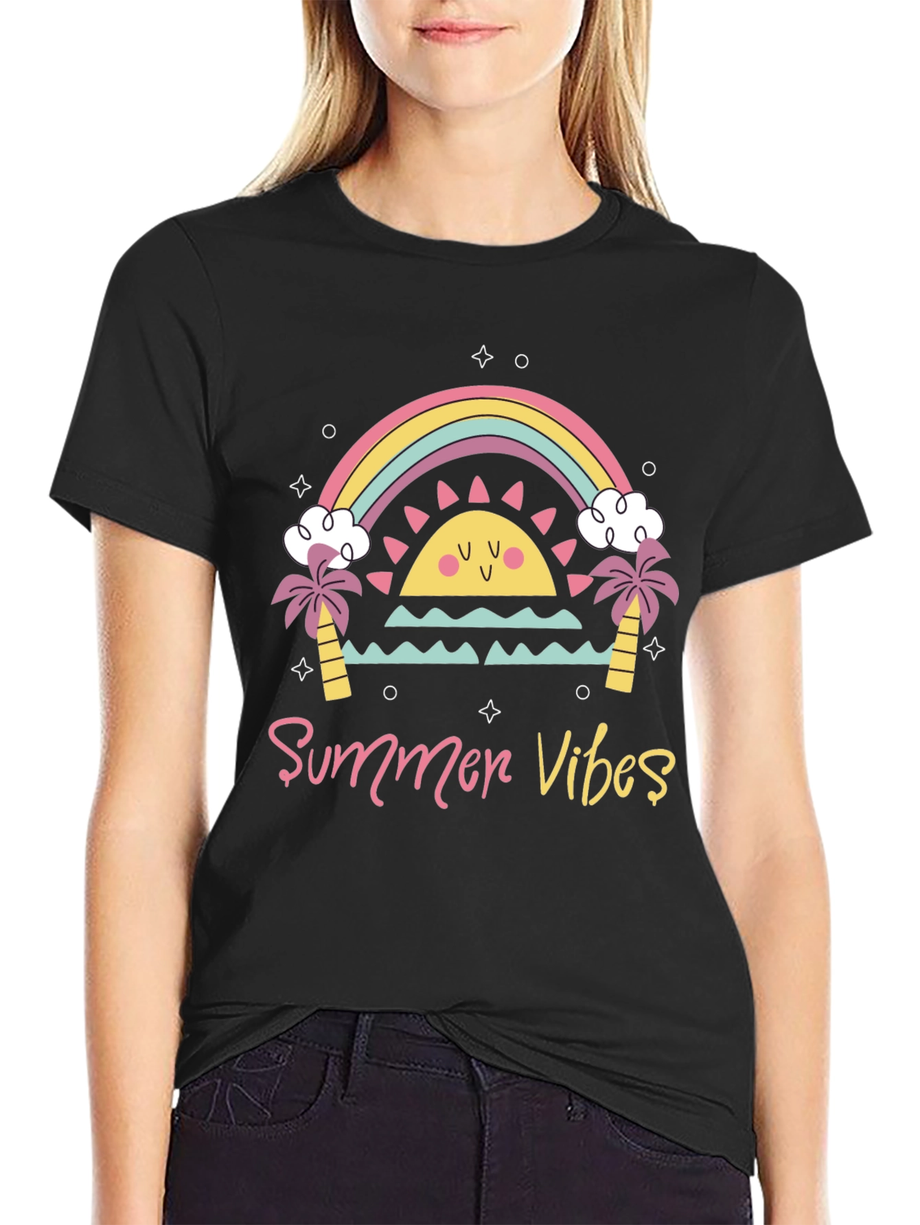 Black Summer Vibes Graphic Tee - Black Casual T-Shirt view 2