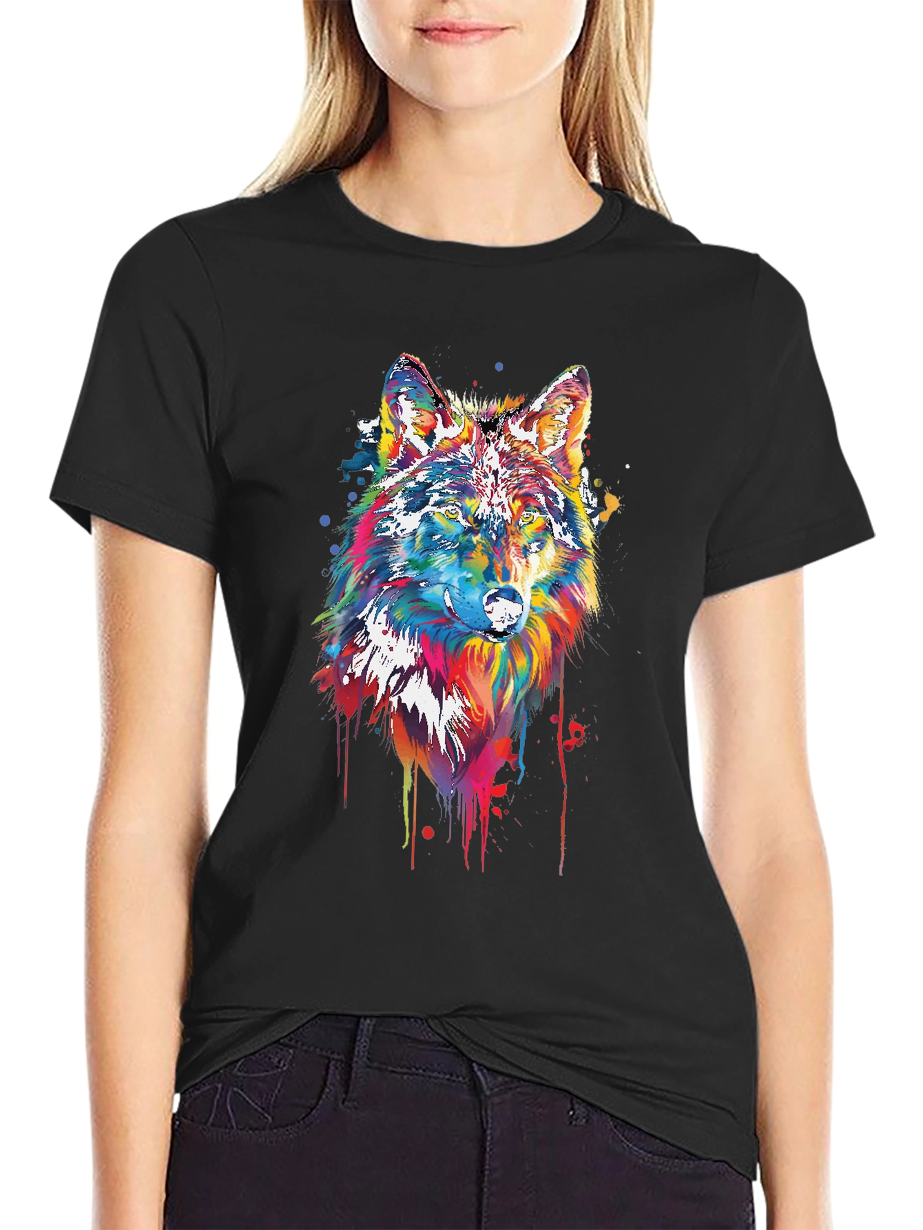 Black Colorful Wolf Graphic Tee - Black Cotton Blend view 2
