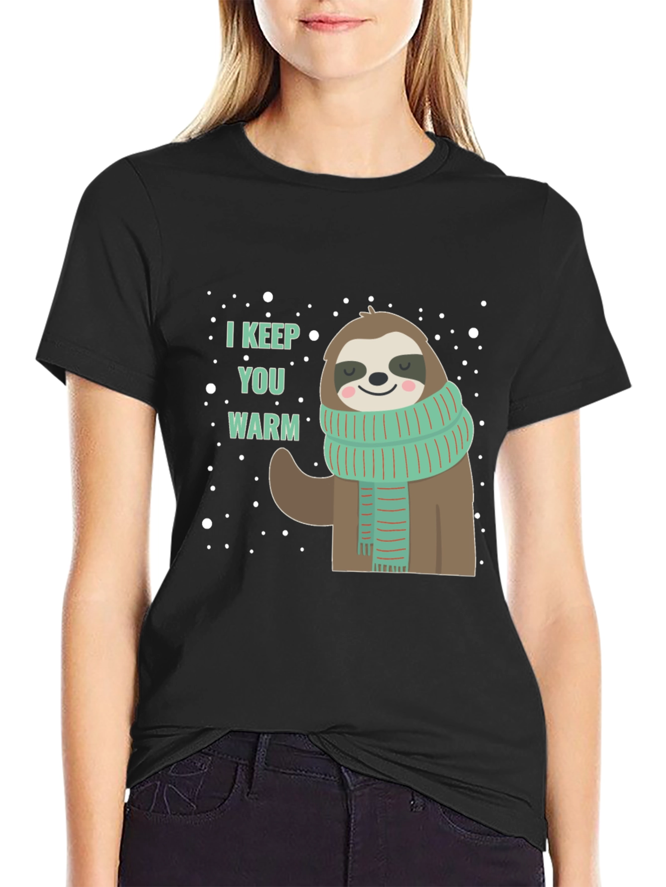 Black Cute Sloth Winter T-Shirt - I Keep You Warm view 2