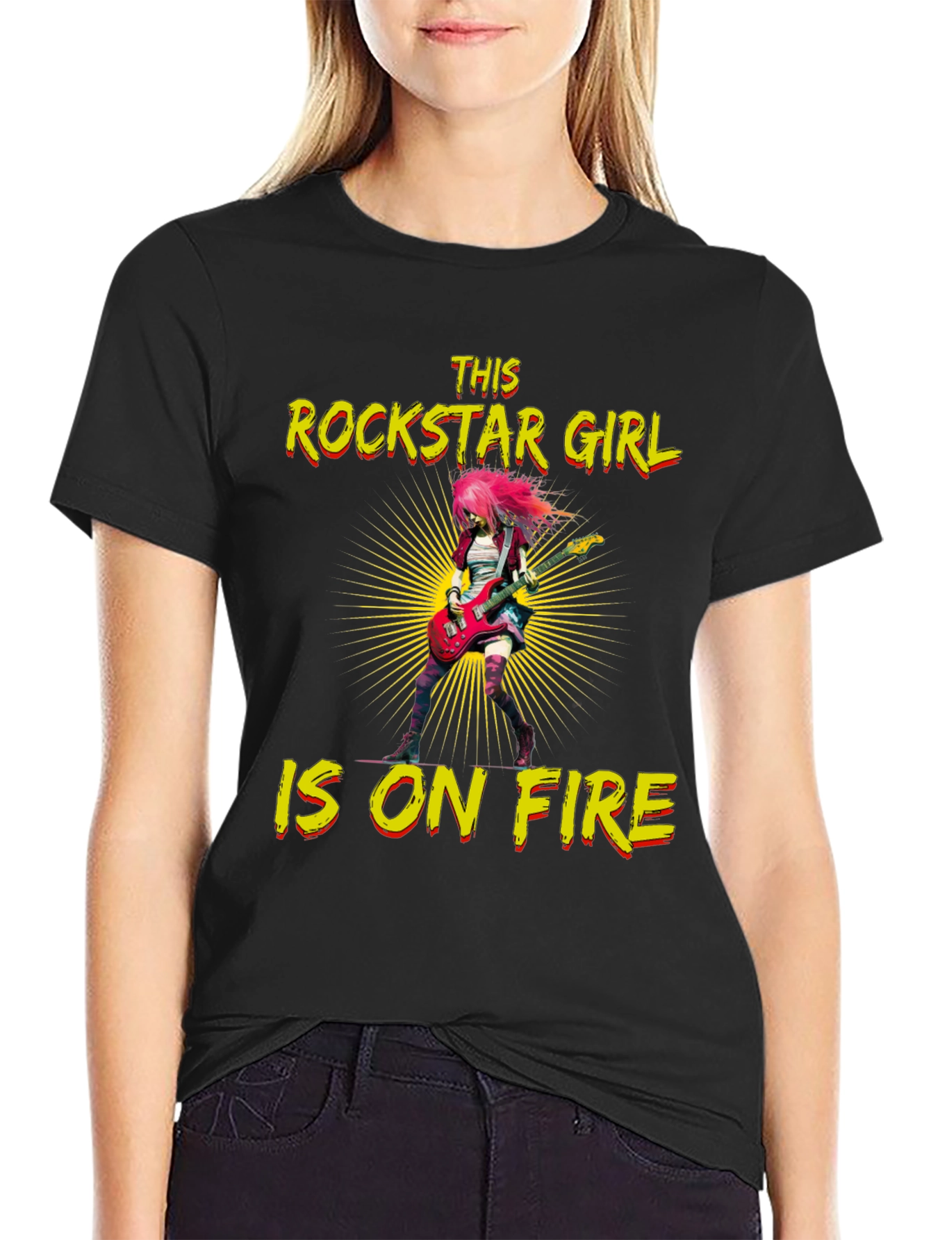Black Rockstar Girl on Fire Black T-Shirt view 2