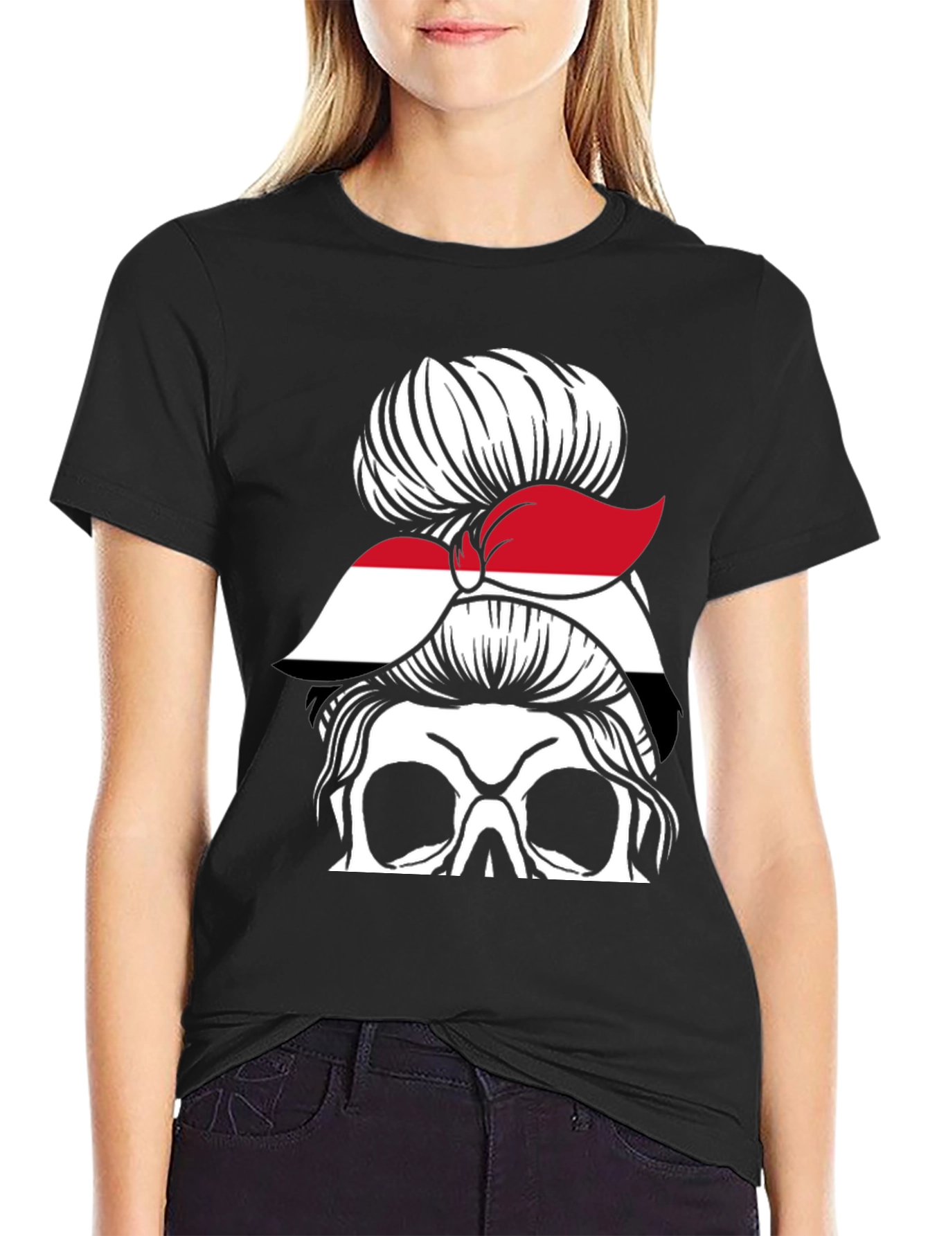 Messy Bun Yemen Flag Skull T-Shirt - 2
