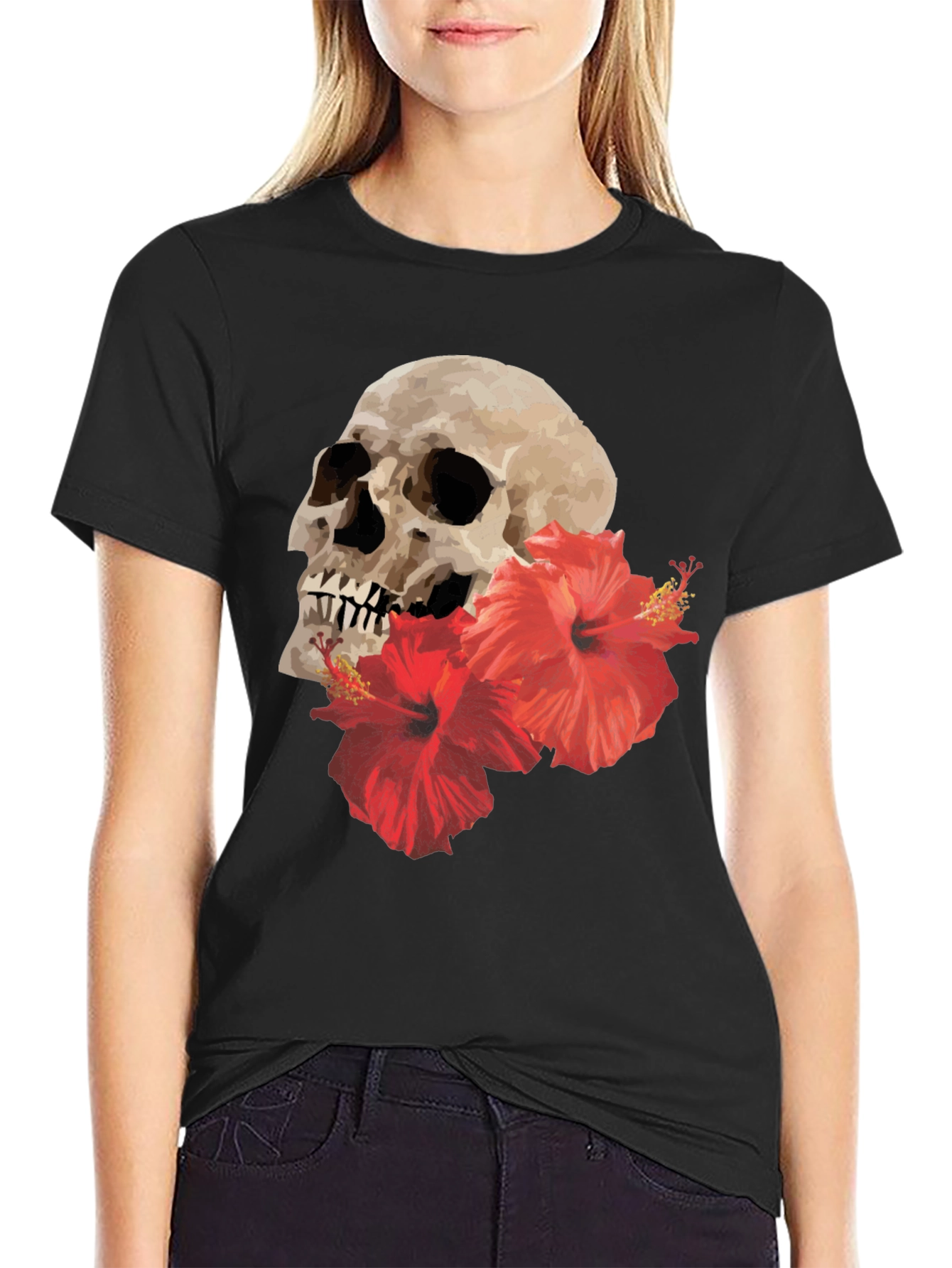Black Skull & Hibiscus Graphic Tee - Bold Style view 2