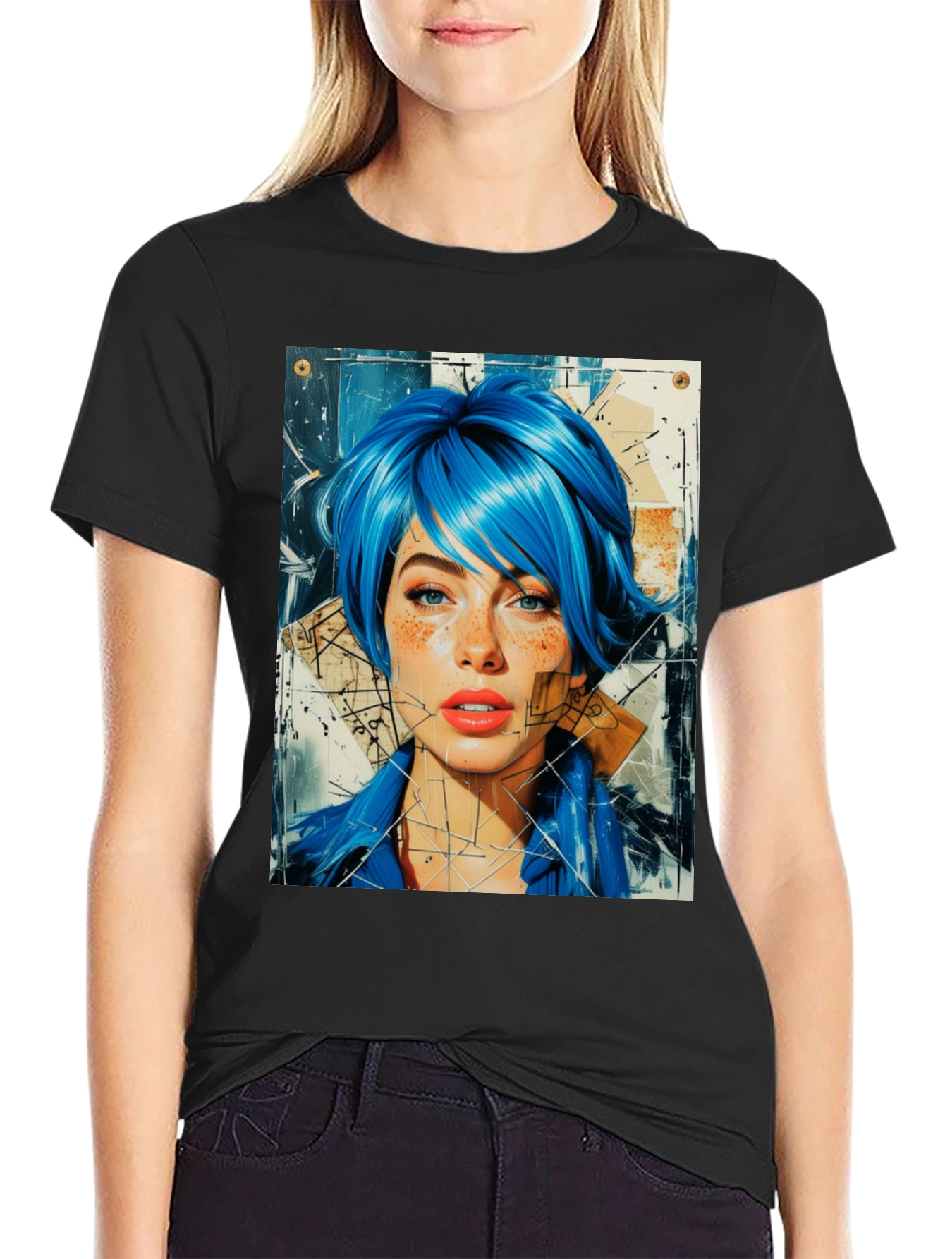 Abstract Blue Hair Woman Graphic Tee - 2