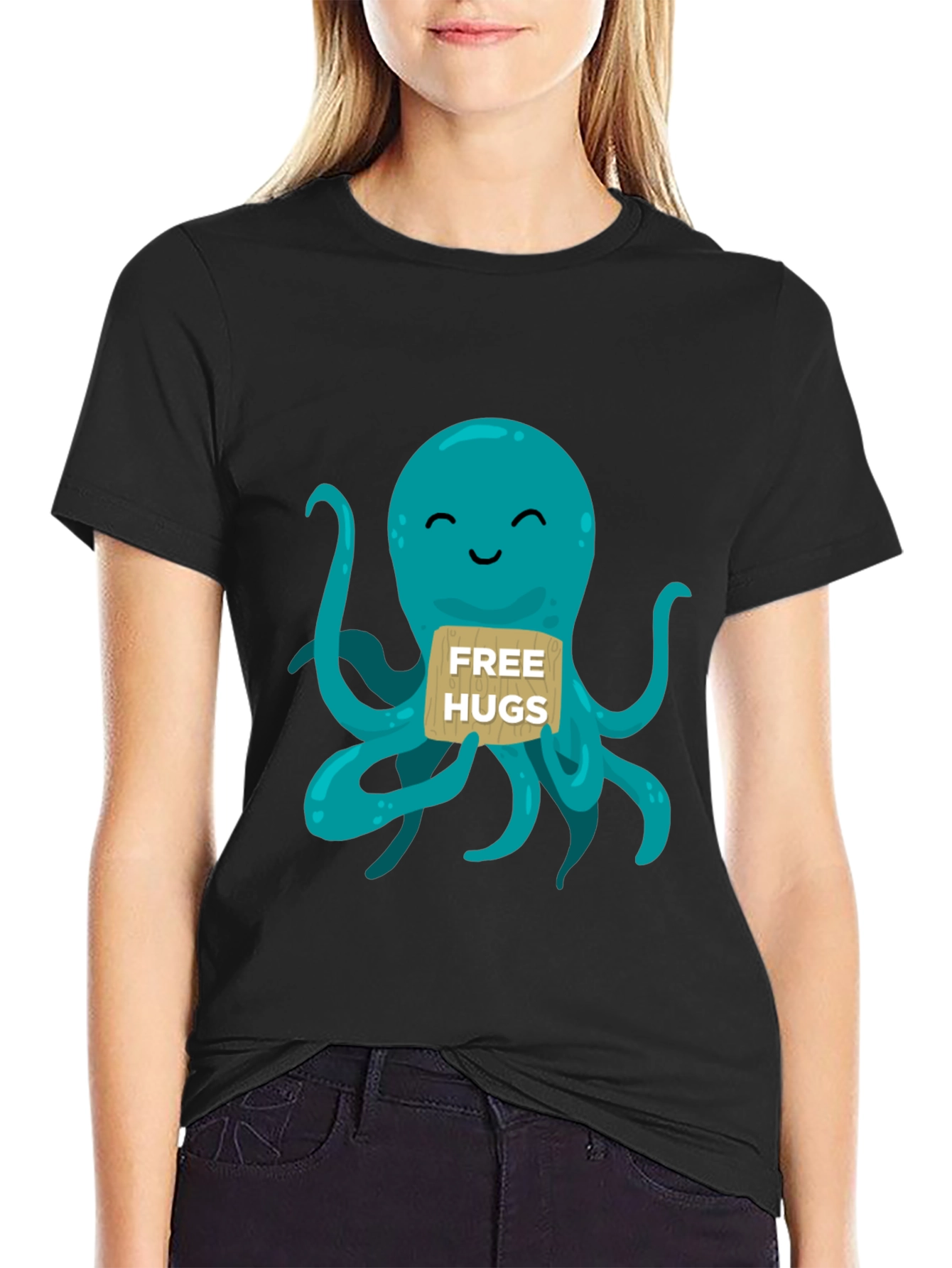 Black Cute Octopus 'Free Hugs' Graphic T-Shirt view 2