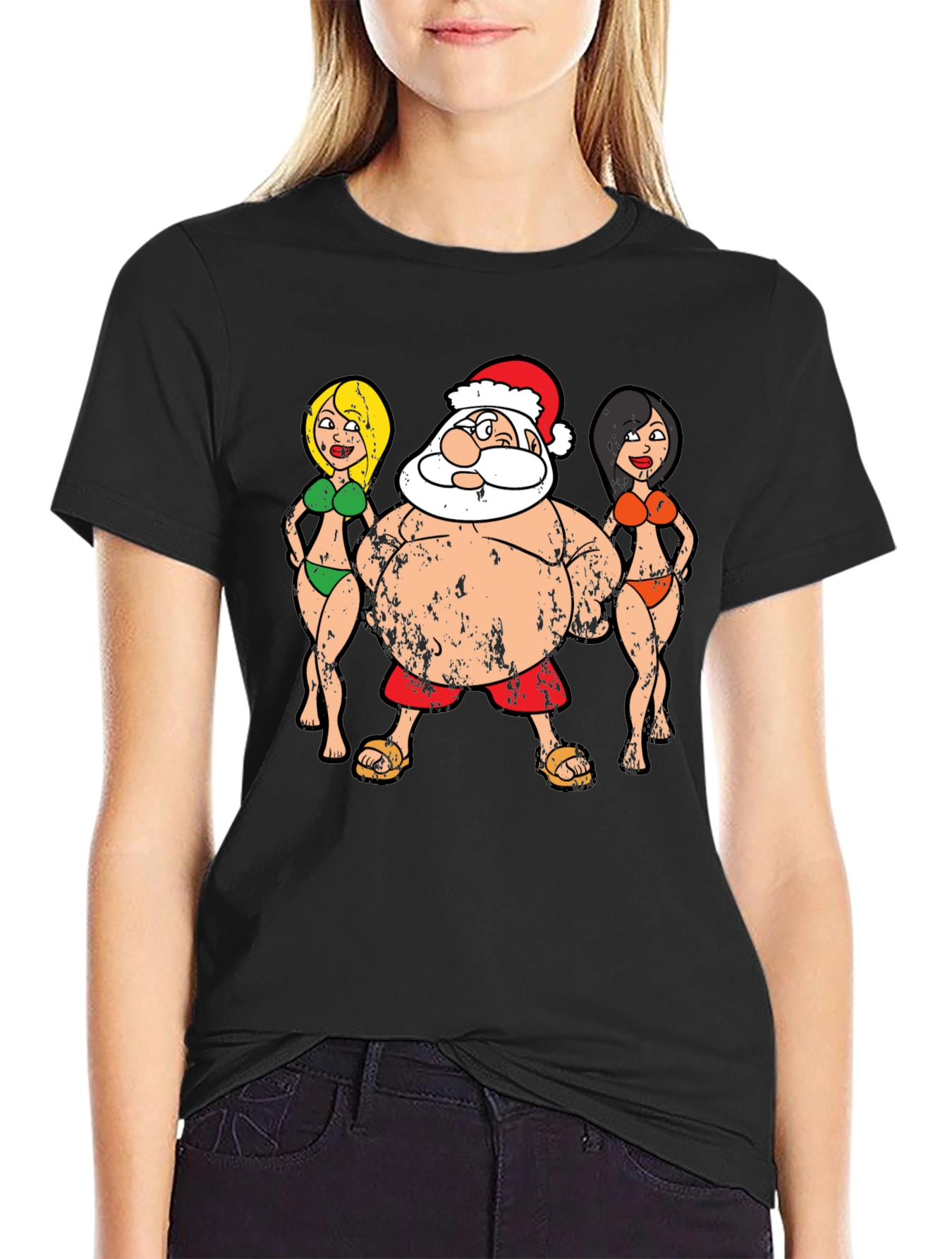 Black Funny Santa and Bikini Girls Graphic Tee view 2