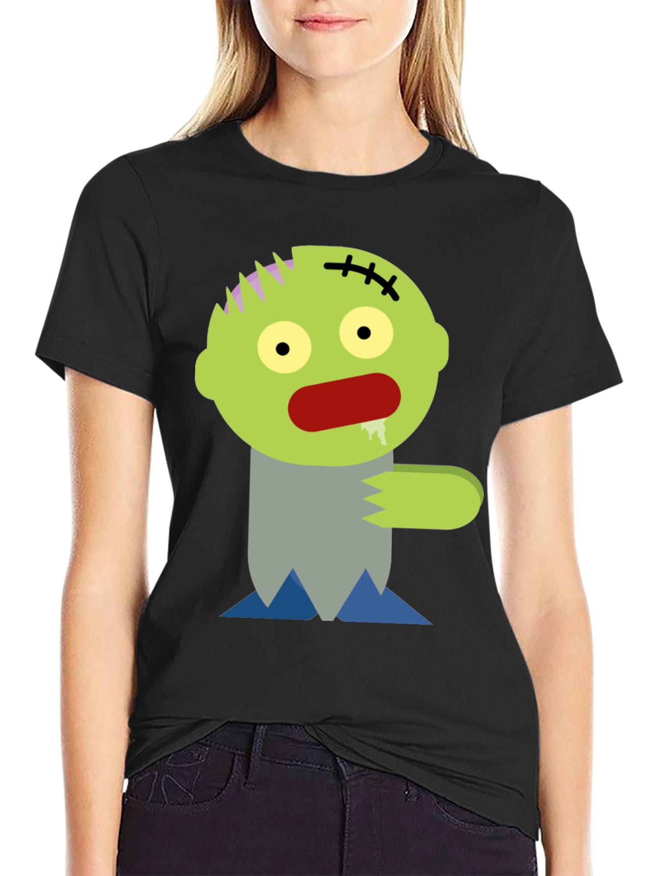 Black Zombie Cartoon Graphic T-Shirt view 2