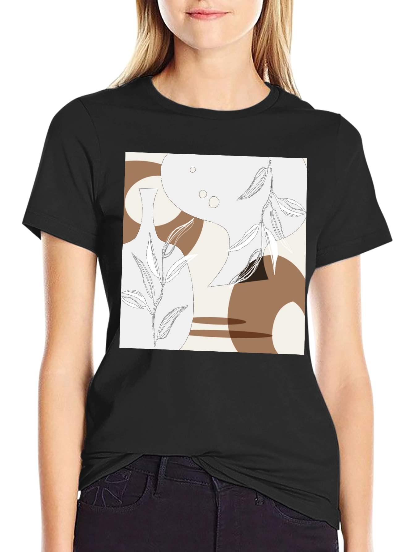 Black Abstract Floral T-Shirt - Modern Botanical Design view 2