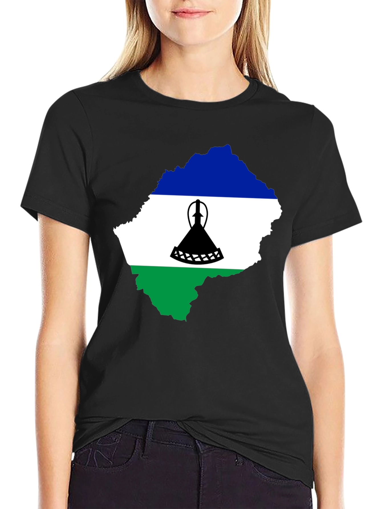 Lesotho Flag Map T-Shirt - Black - 2