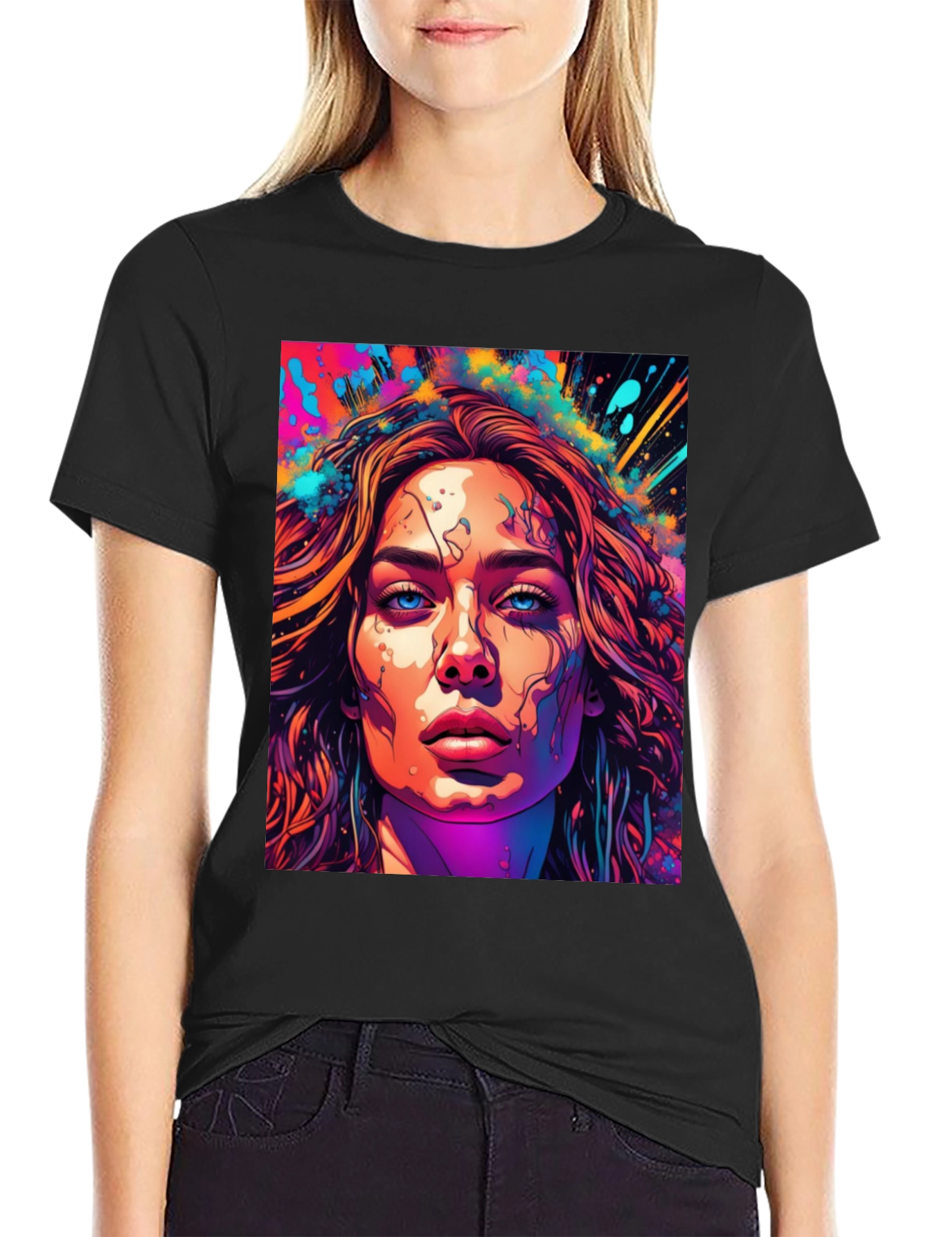 Black Artistic Women's Face Graphic T-Shirt view 2