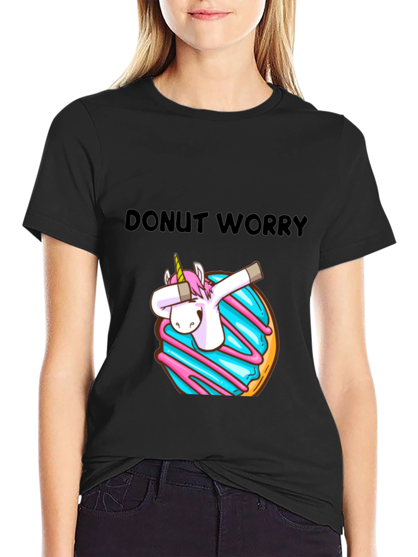 Black Donut Worry Unicorn Dab Graphic T-Shirt view 2