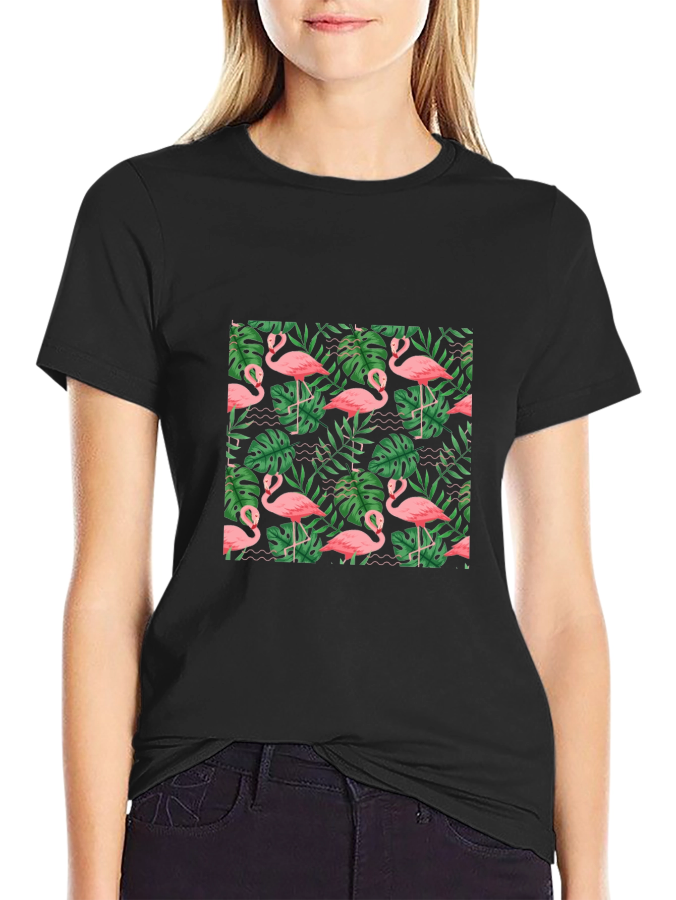 Black Tropical Flamingo Print Black T-Shirt view 2