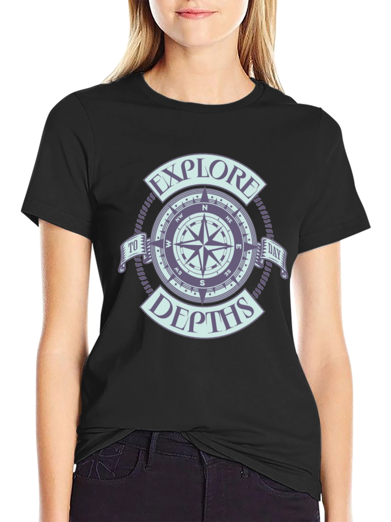 Black Explore Depths Compass Graphic Black T-Shirt view 2