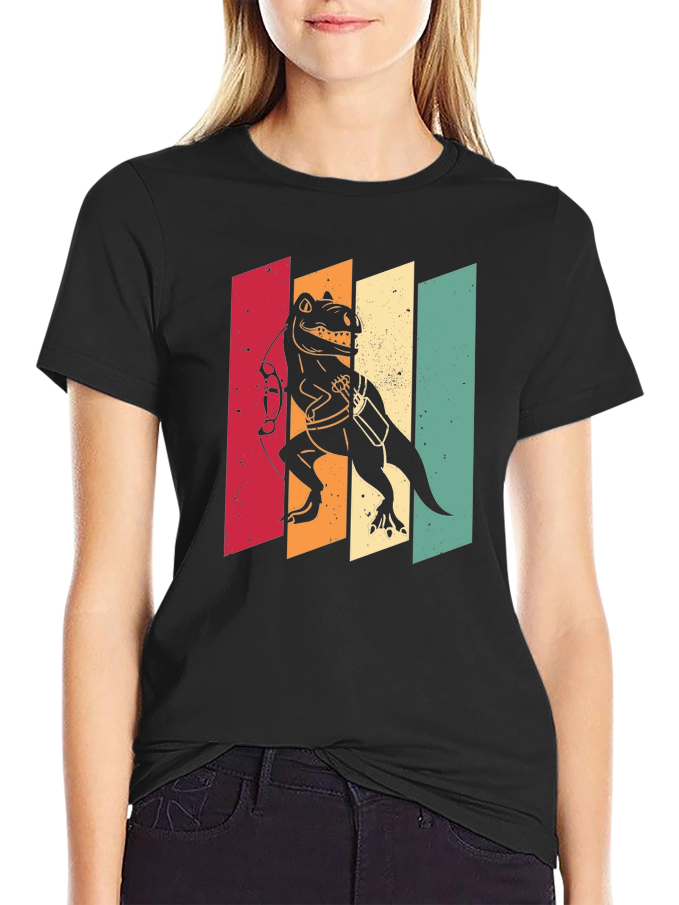 Black Retro Dinosaur Archer T-Shirt - Vintage Style view 2