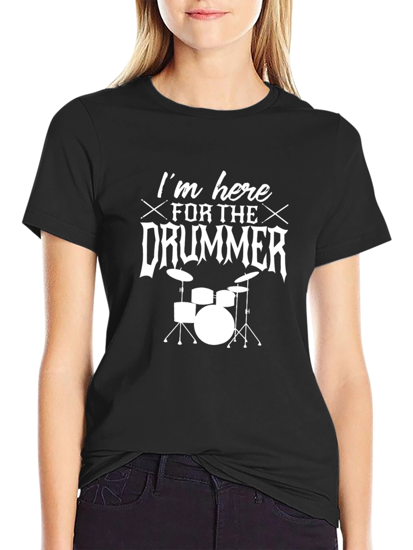 Black Drummer T-Shirt - "I'm Here For The Drummer" view 2