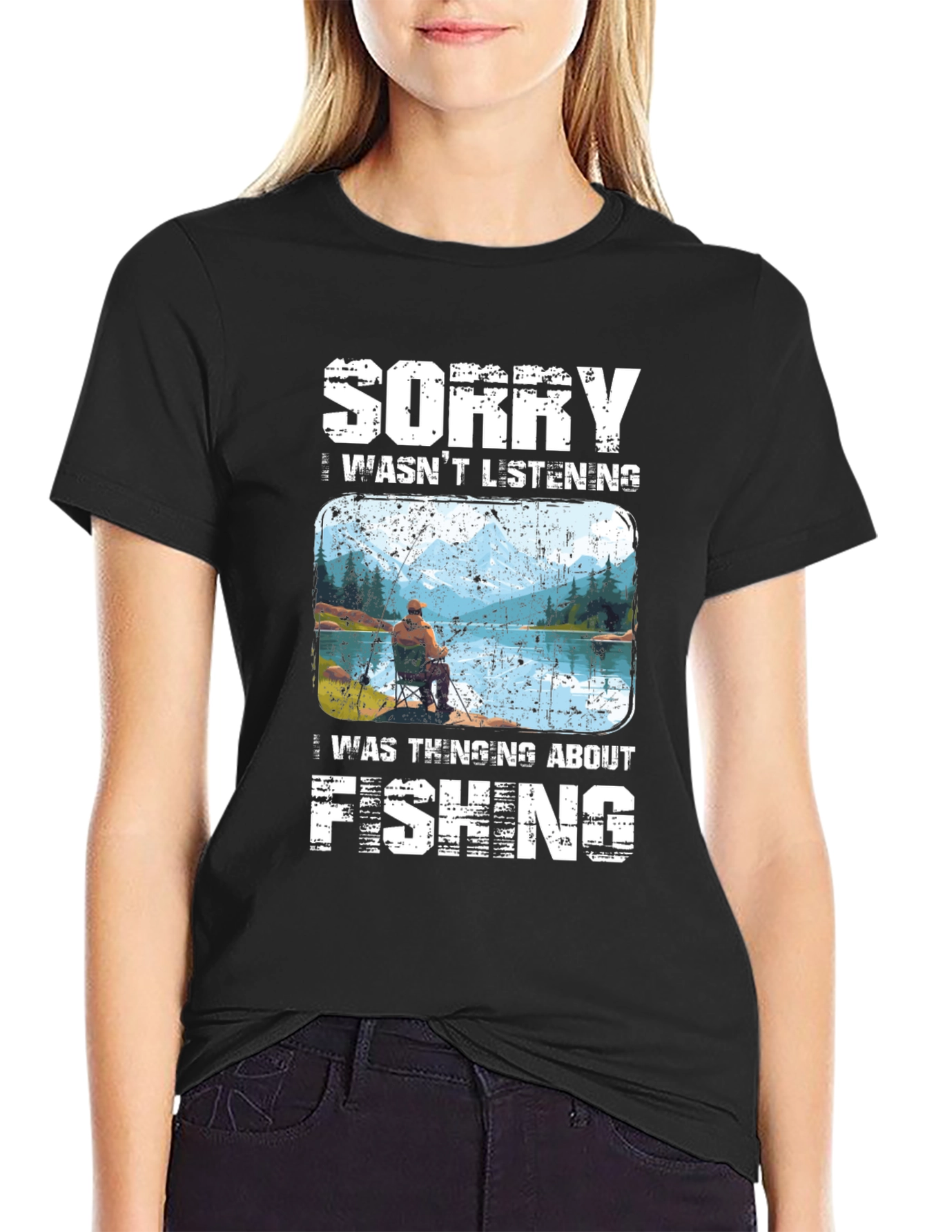 Black Sorry I Wasn't Listening Fishing T-Shirt view 2