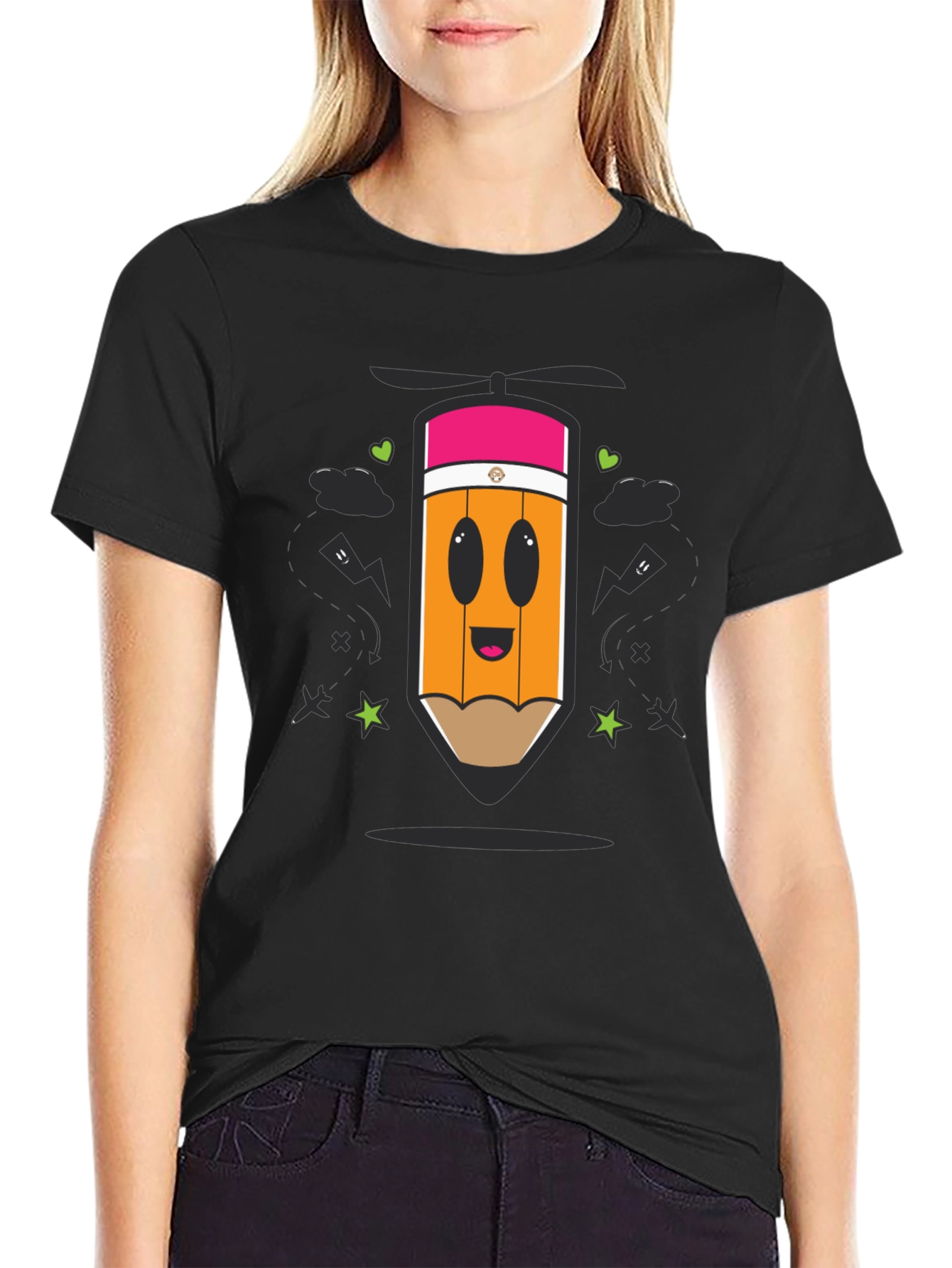 Black Cartoon Pencil Helicopter Graphic T-Shirt view 2