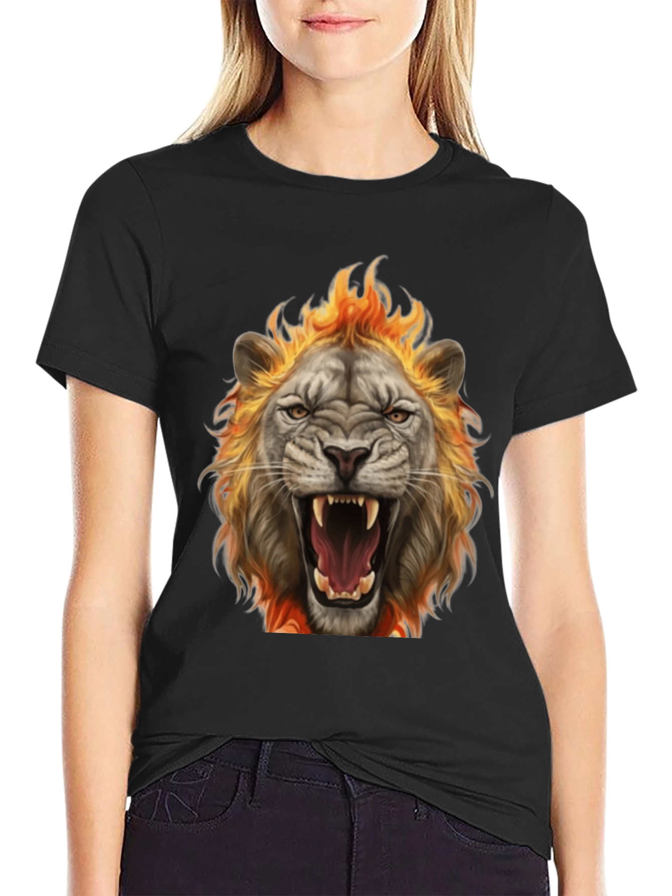 Black Fiery Lion Graphic Tee - Bold Animal Print T-Shirt view 2