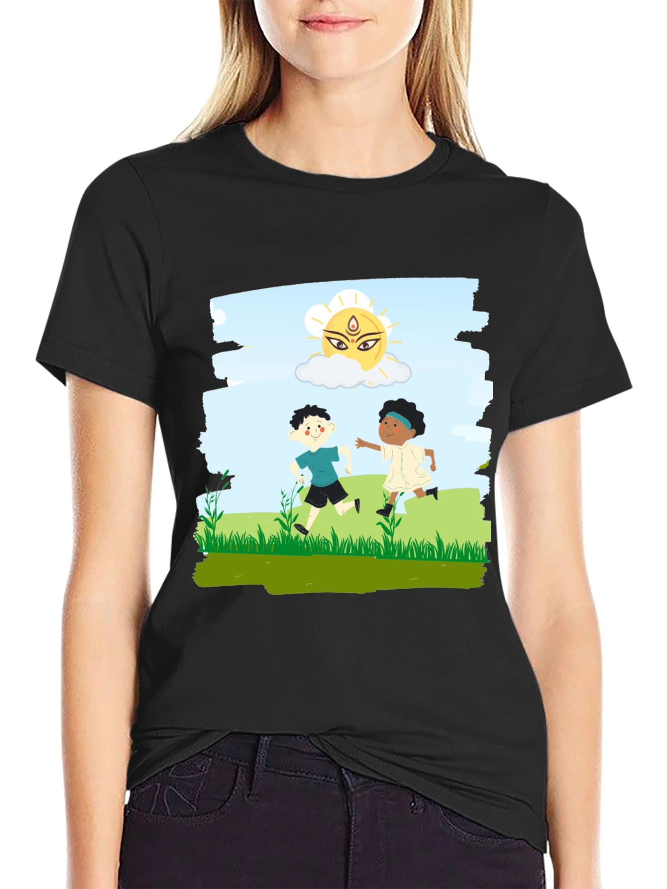 Black Kids Playing Graphic T-Shirt - Black Cotton Blend view 2