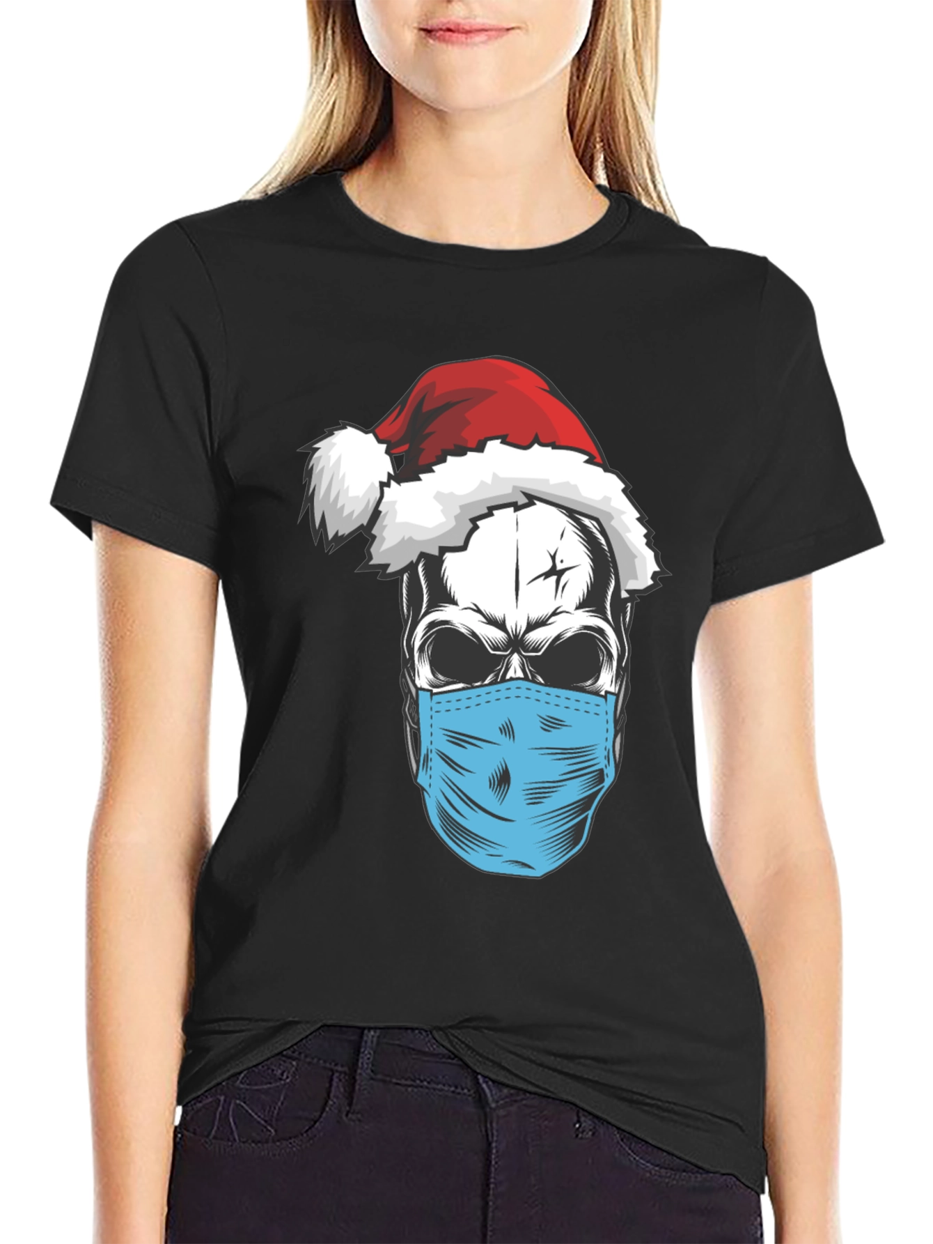 Black Skull Santa Mask T-Shirt - Holiday Humor view 2