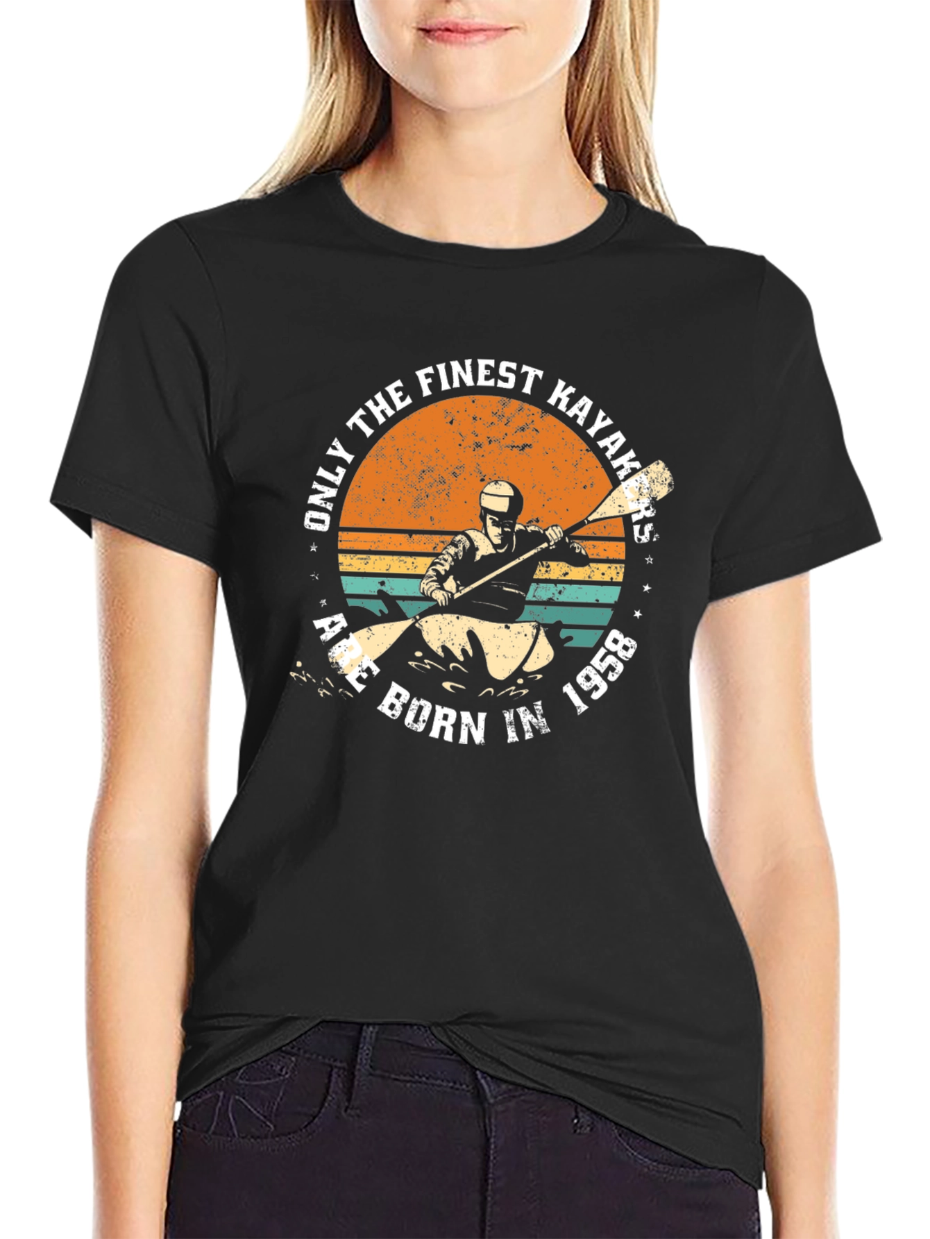 Black Finest Kayakers Born in 1958 Retro T-Shirt view 2