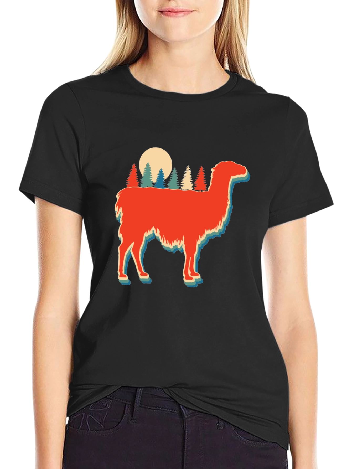 Black Retro Llama Forest Graphic Tee view 2