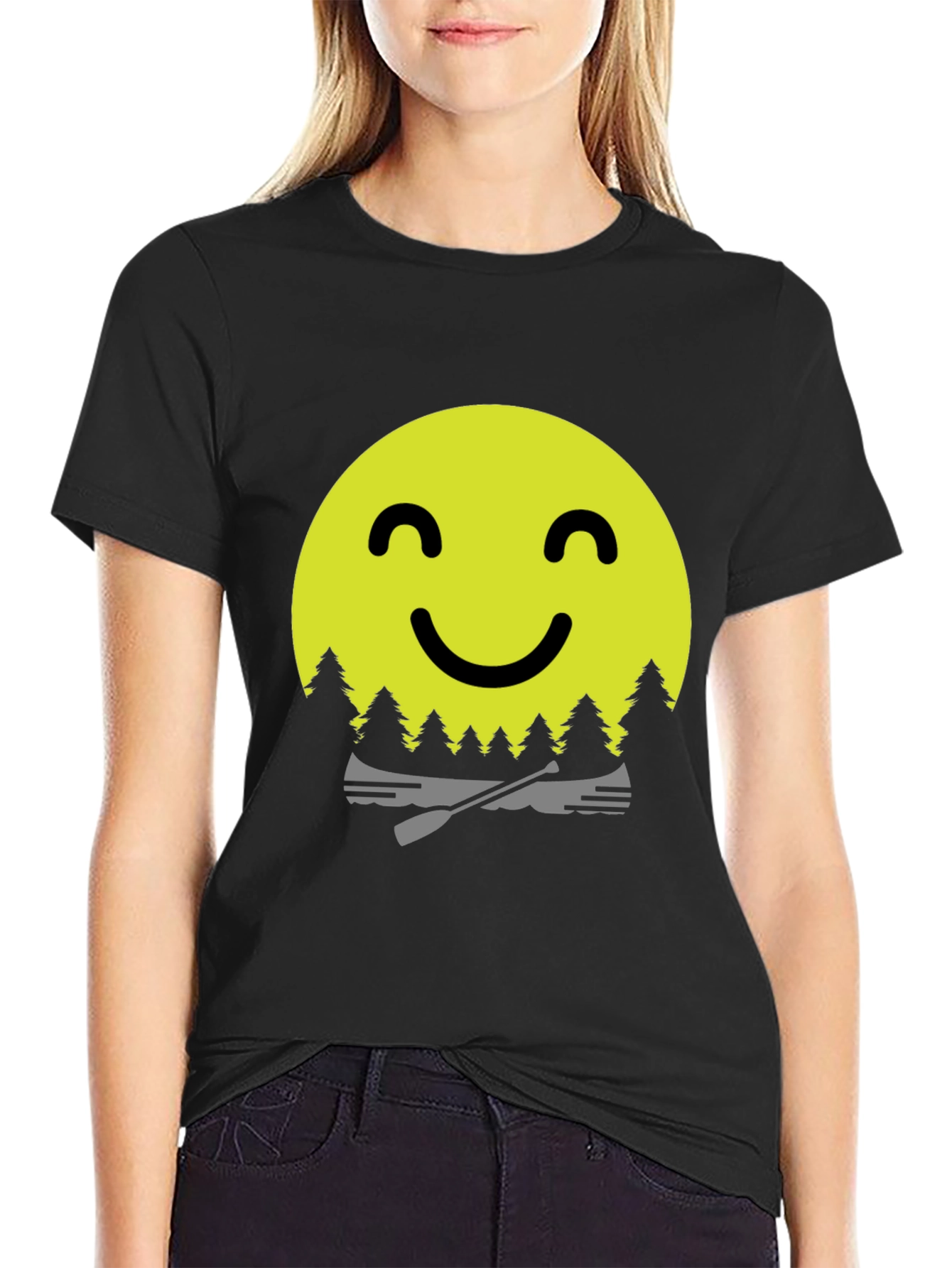 Black Smiley Face Camping T-Shirt - Adventure Awaits! view 2