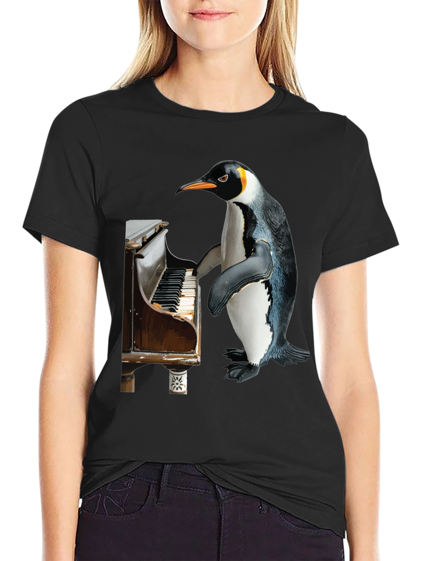Black Piano Penguin Tee - Funny Music Lover T-Shirt view 2