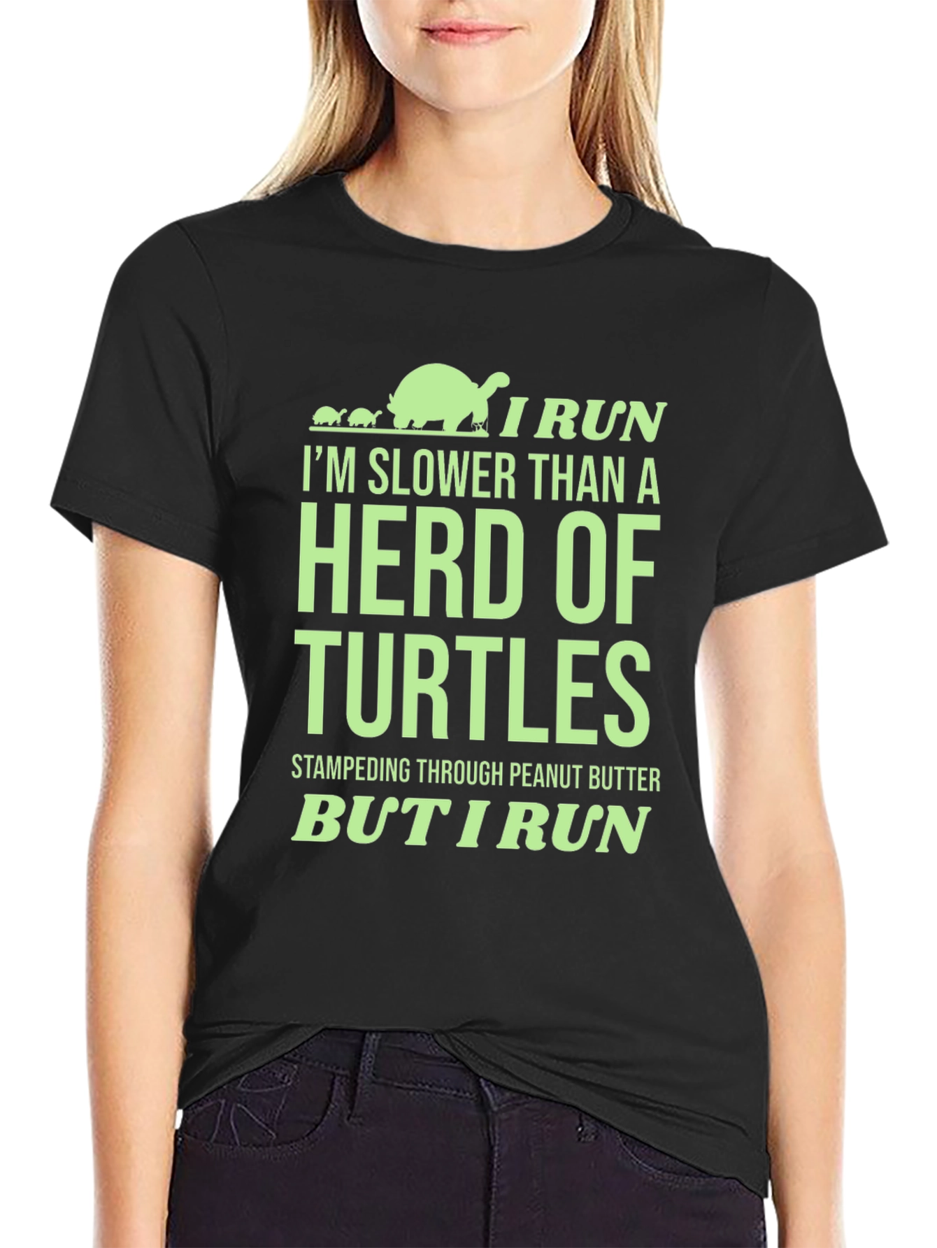 Black Funny Turtle Run T-Shirt: Herd of Turtles - I Run view 2