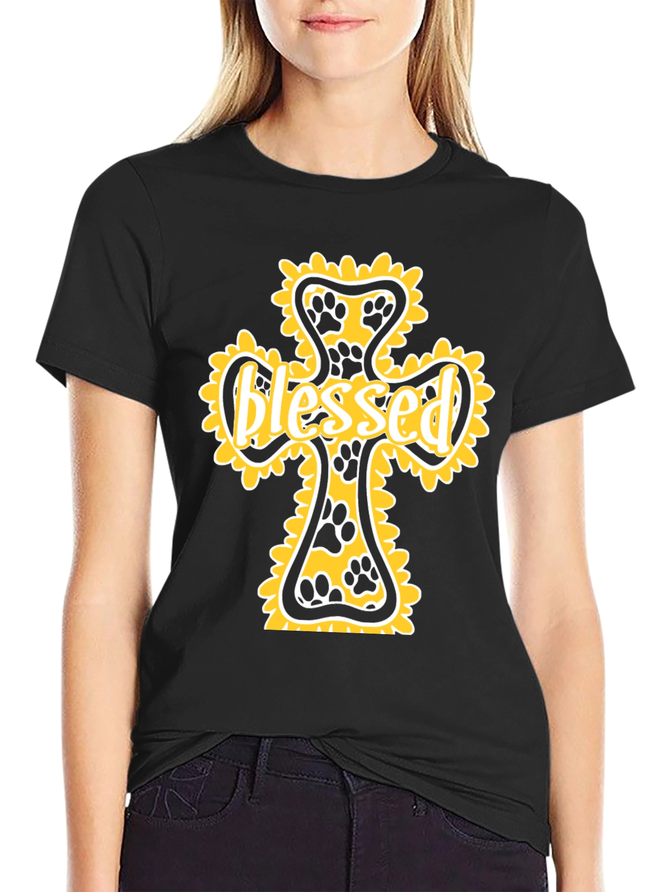 Black Blessed Paw Print Cross Graphic Tee view 2