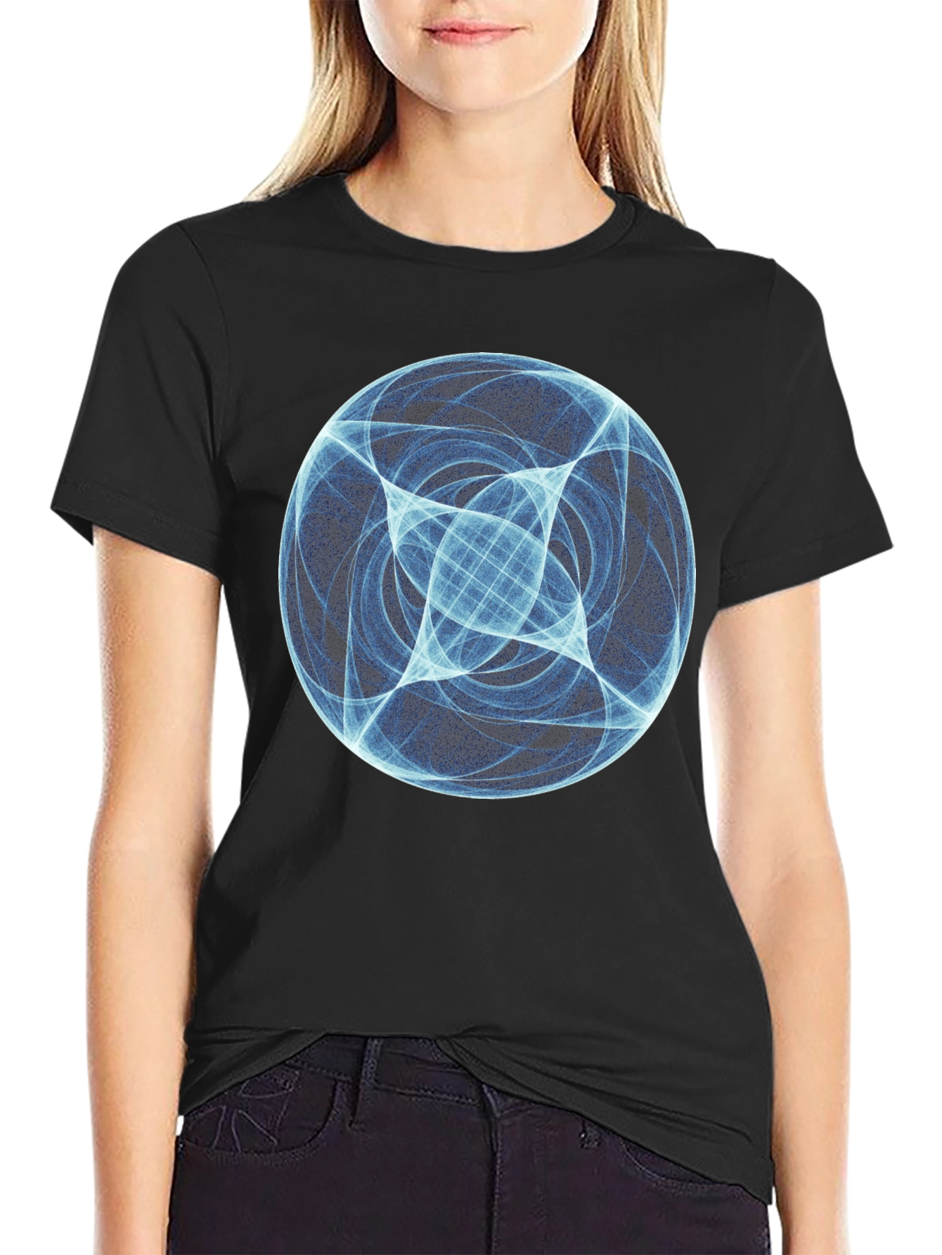 Black Abstract Blue Orb Graphic Black T-Shirt view 2